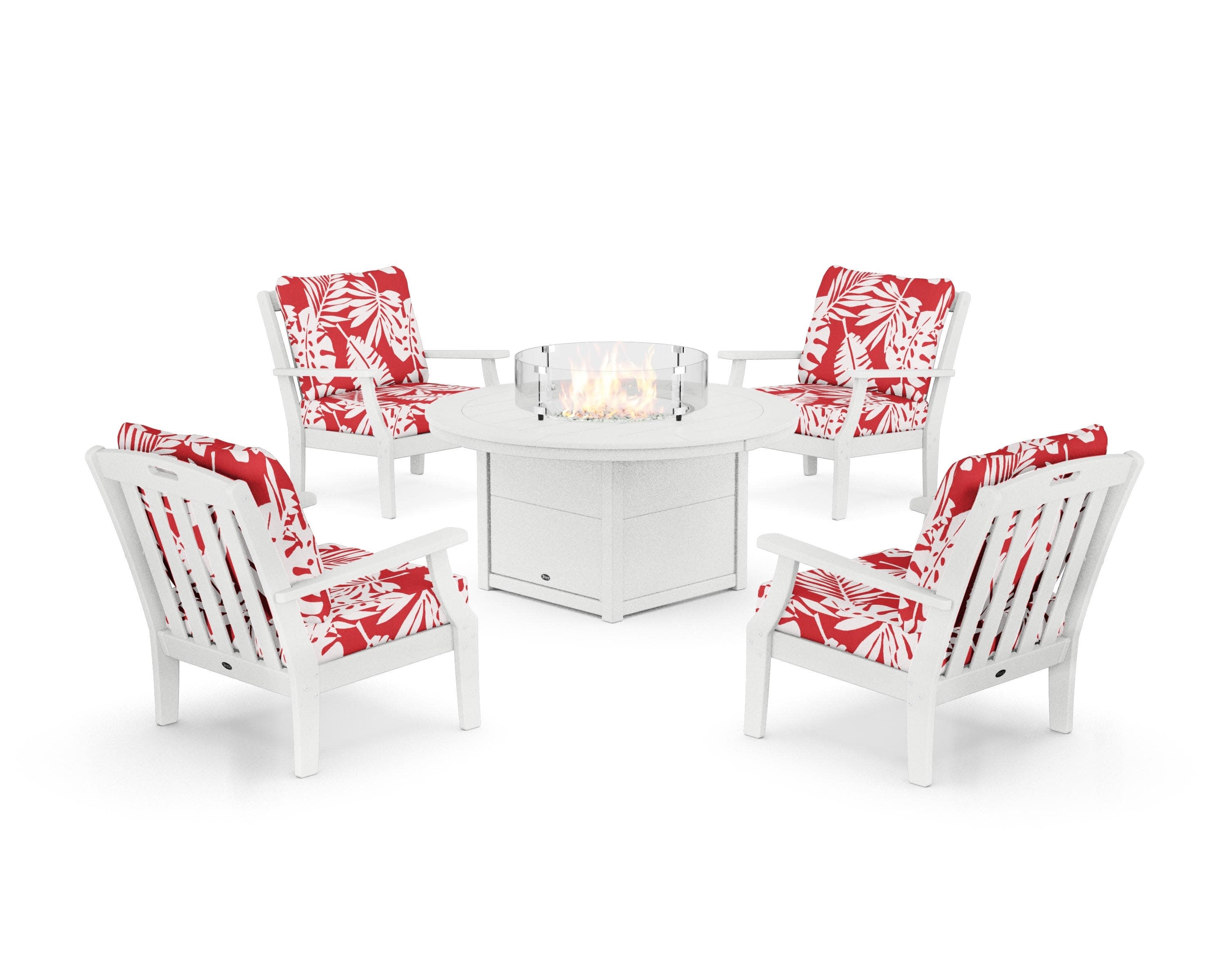 Yacht Club 5-Piece Deep Seating Set with Round Fire Pit Table in Classic White / Leaf Crimson