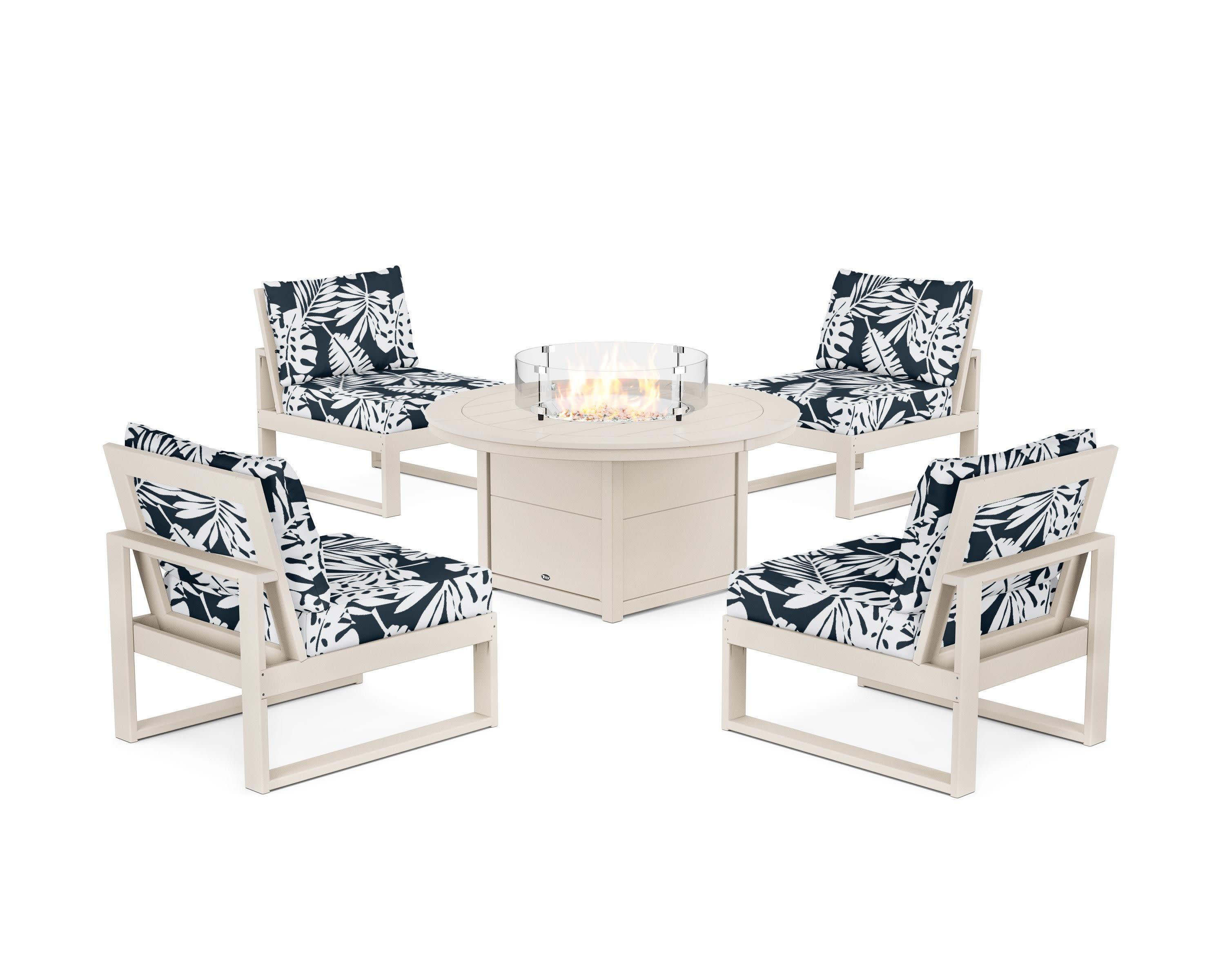 Eastport Modular 5-Piece Deep Seating Set with Round Fire Pit Table in Sand Castle / Leaf Marine Indigo