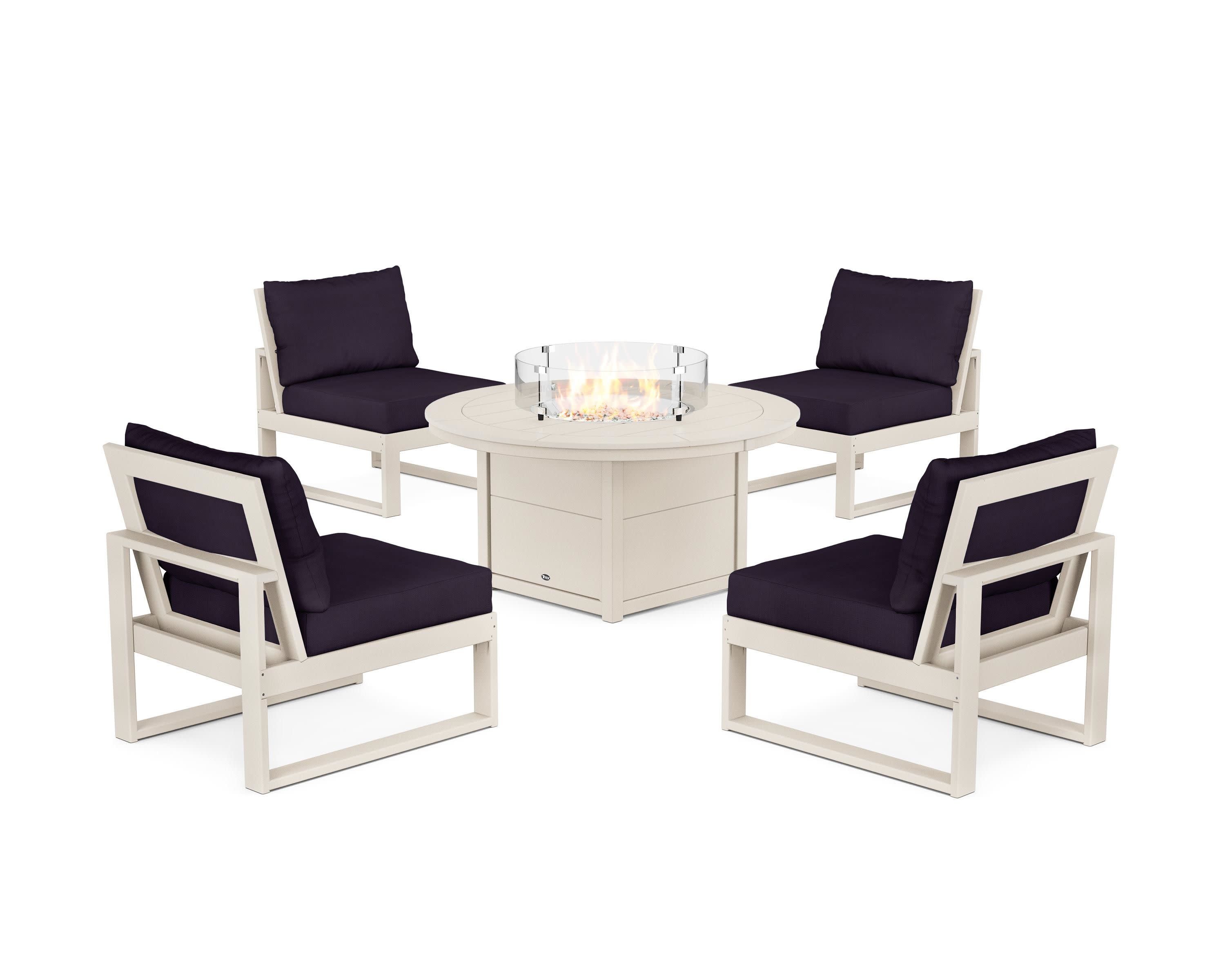 Eastport Modular 5-Piece Deep Seating Set with Round Fire Pit Table in Sand Castle / Navy Linen