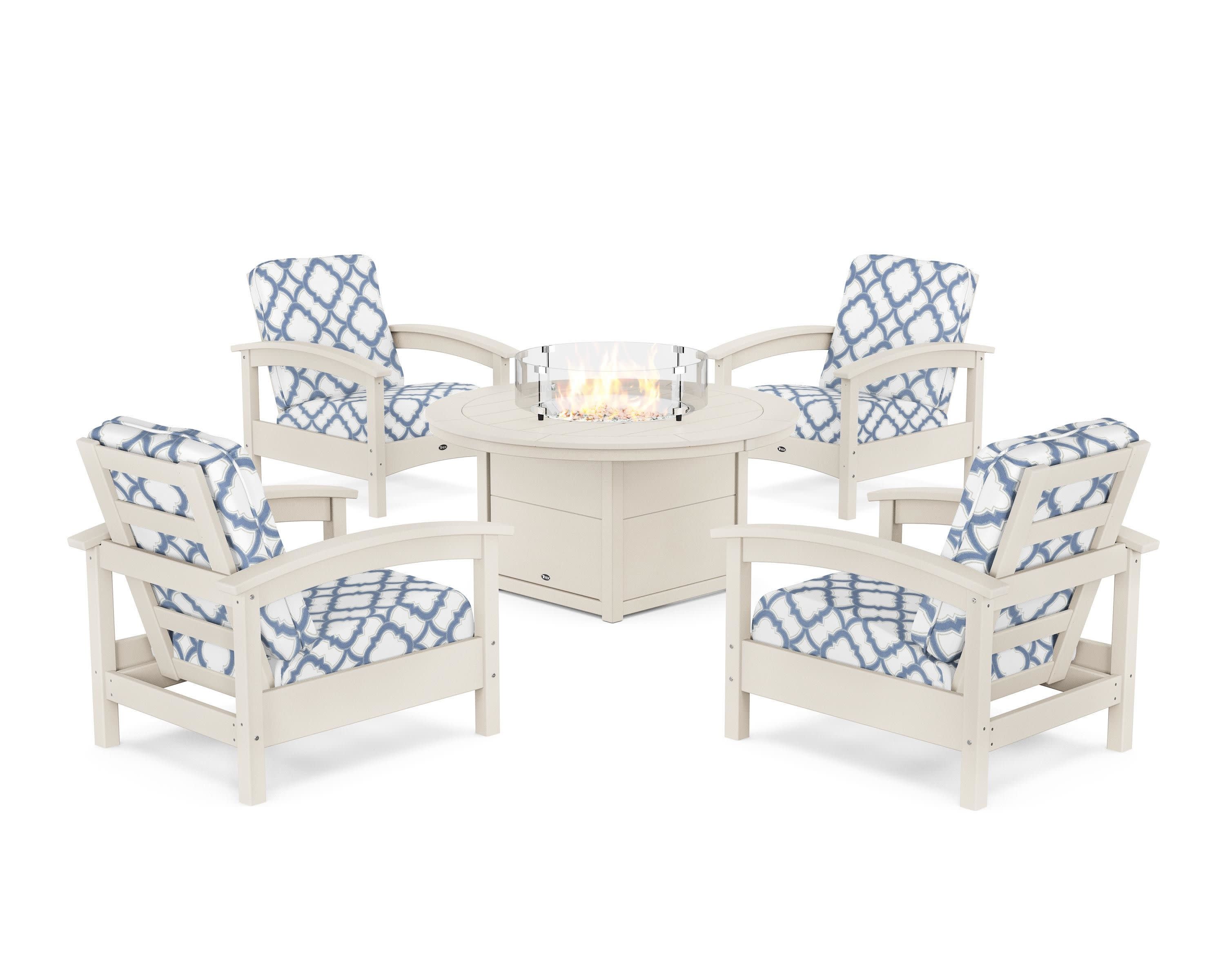 Rockport 5-Piece Deep Seating Set with Round Fire Pit Table in Sand Castle / Trellis Sky Blue
