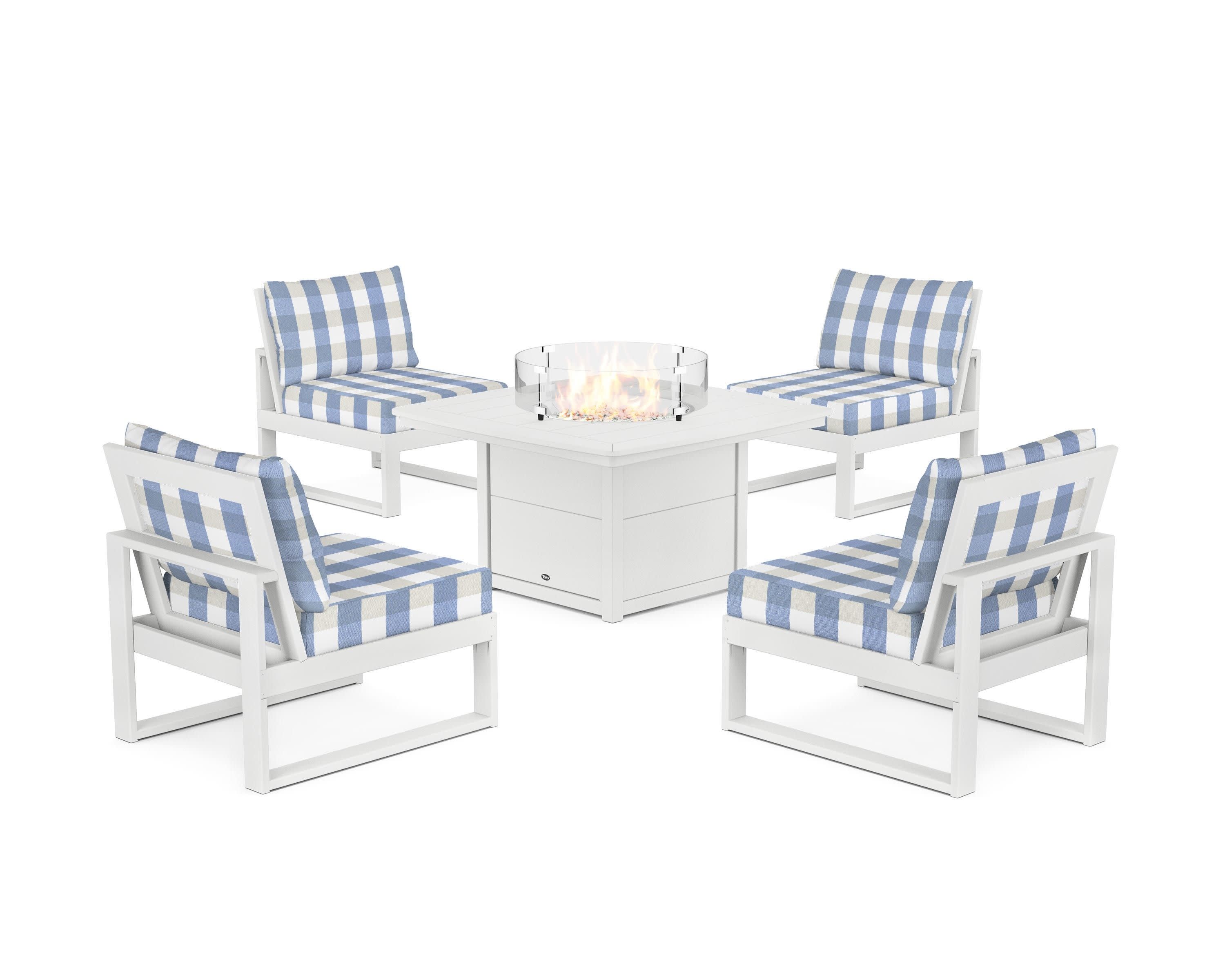 Eastport Modular 5-Piece Deep Seating Set with Yacht Club Fire Pit Table in Classic White / Buffalo Plaid Sky Blue