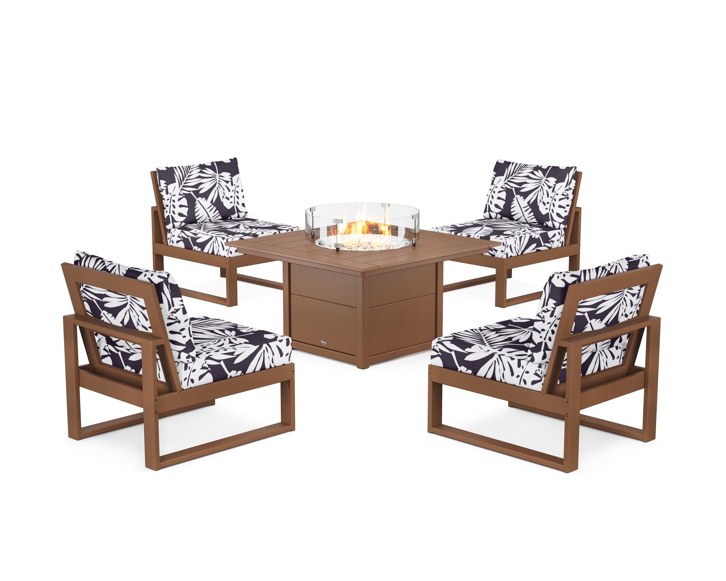 Eastport Modular 5-Piece Deep Seating Set with Square Fire Pit Table in Tree House / Leaf Navy