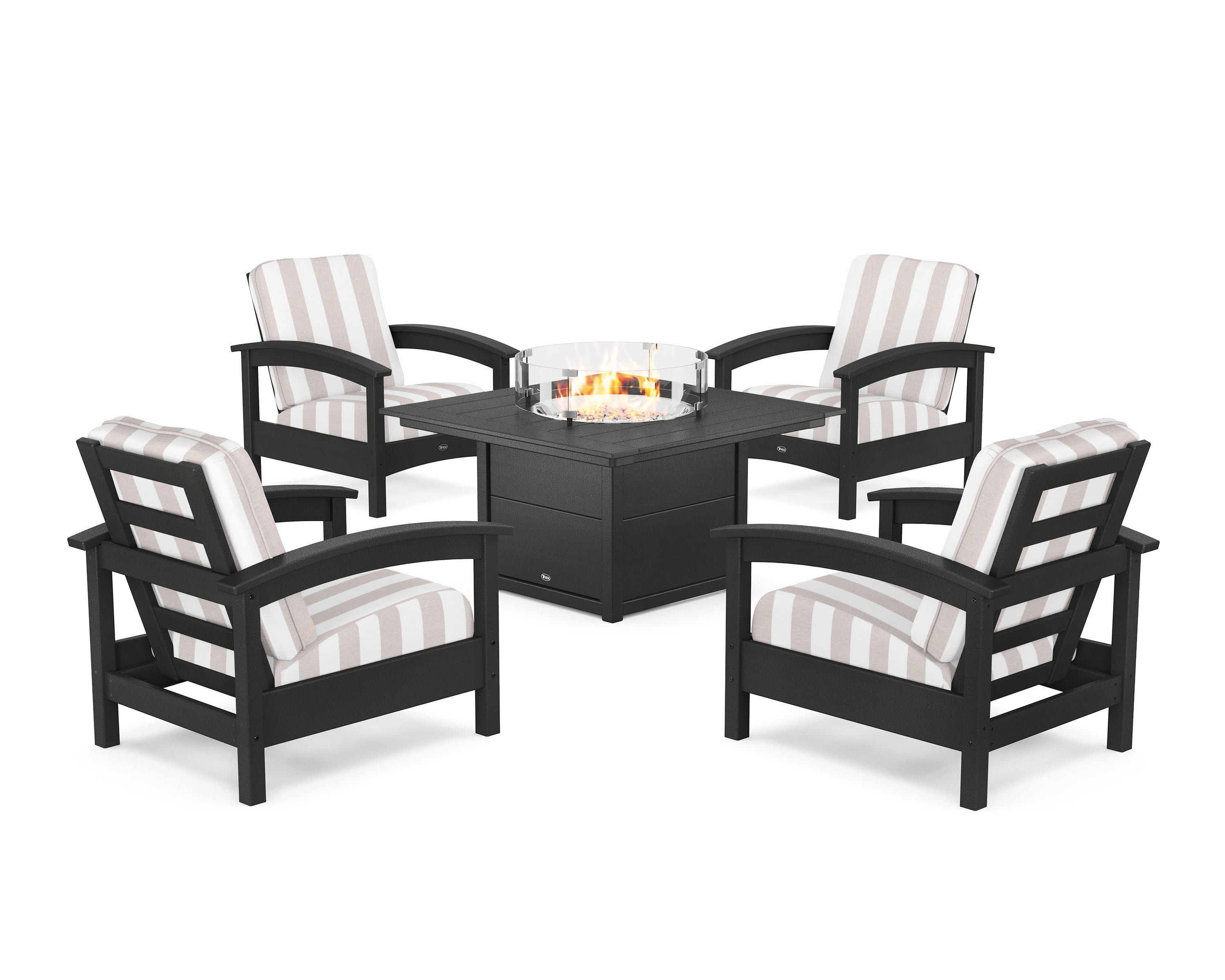 Rockport 5-Piece Deep Seating Set with Square Fire Pit Table in Charcoal Black / Cabana Stripe Dune Burlap
