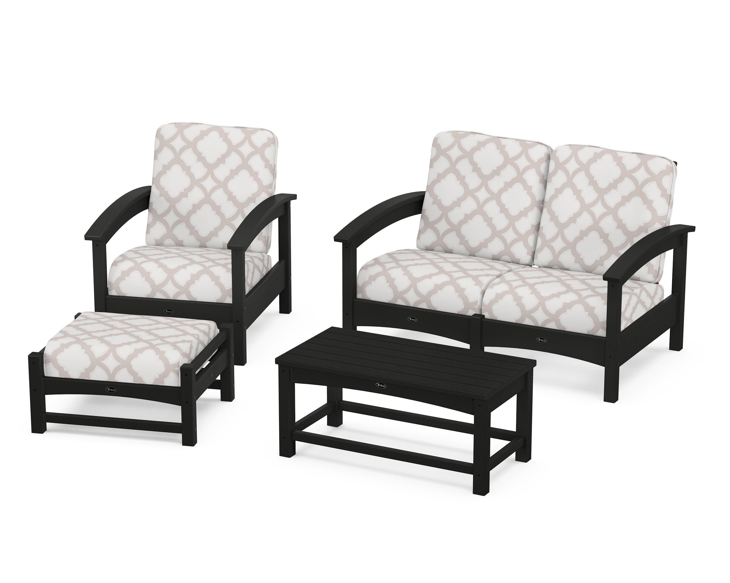 Rockport 4-Piece Deep Seating Conversation Group in Charcoal Black / Trellis Dune Burlap