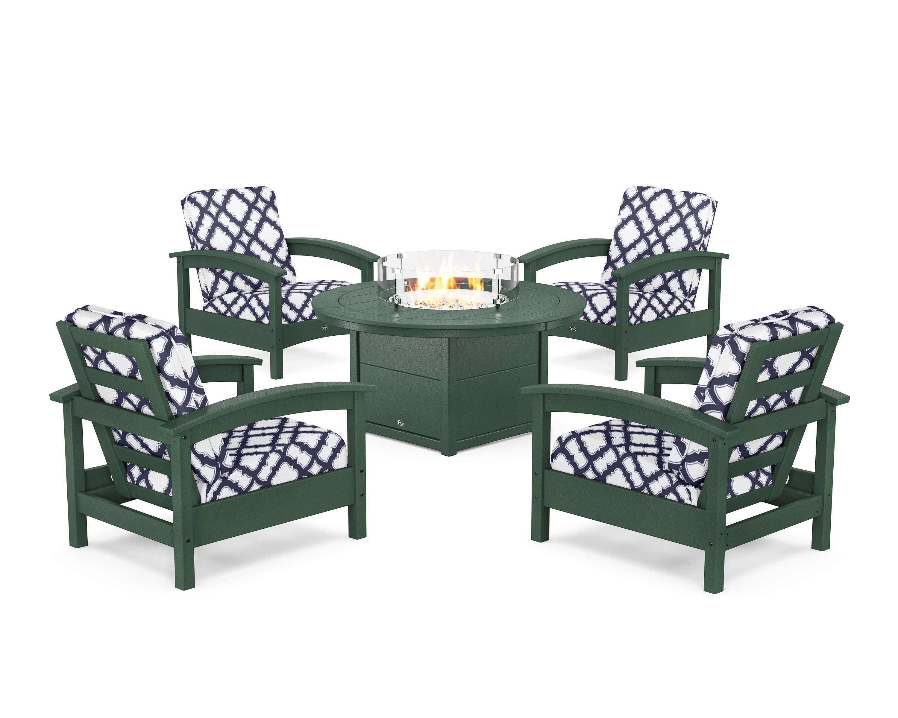Rockport 5-Piece Deep Seating Set with Round Fire Pit Table in Rainforest Canopy / Trellis Navy