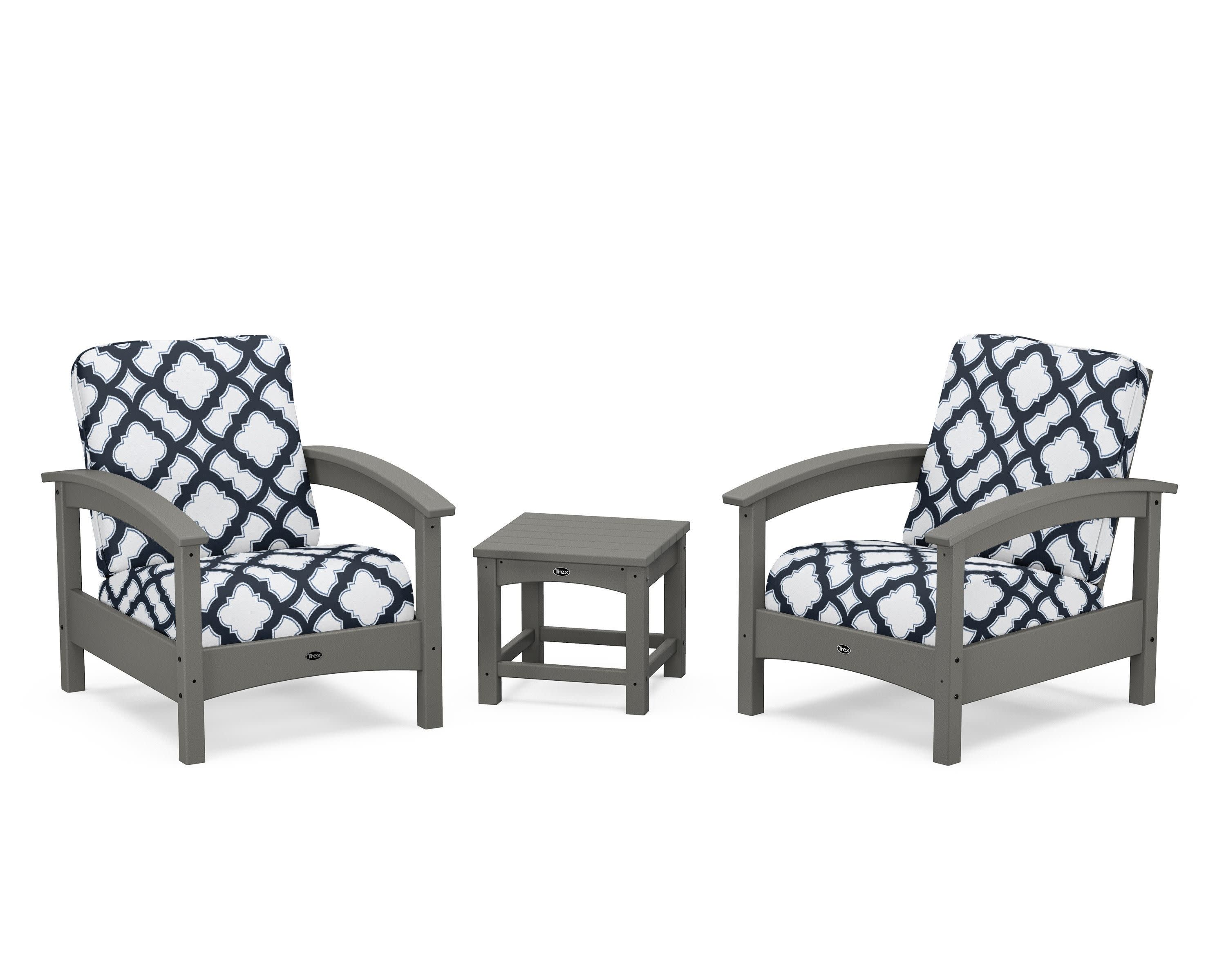 Rockport Club 3-Piece Deep Seating Conversation Set in Stepping Stone / Trellis Marine Indigo