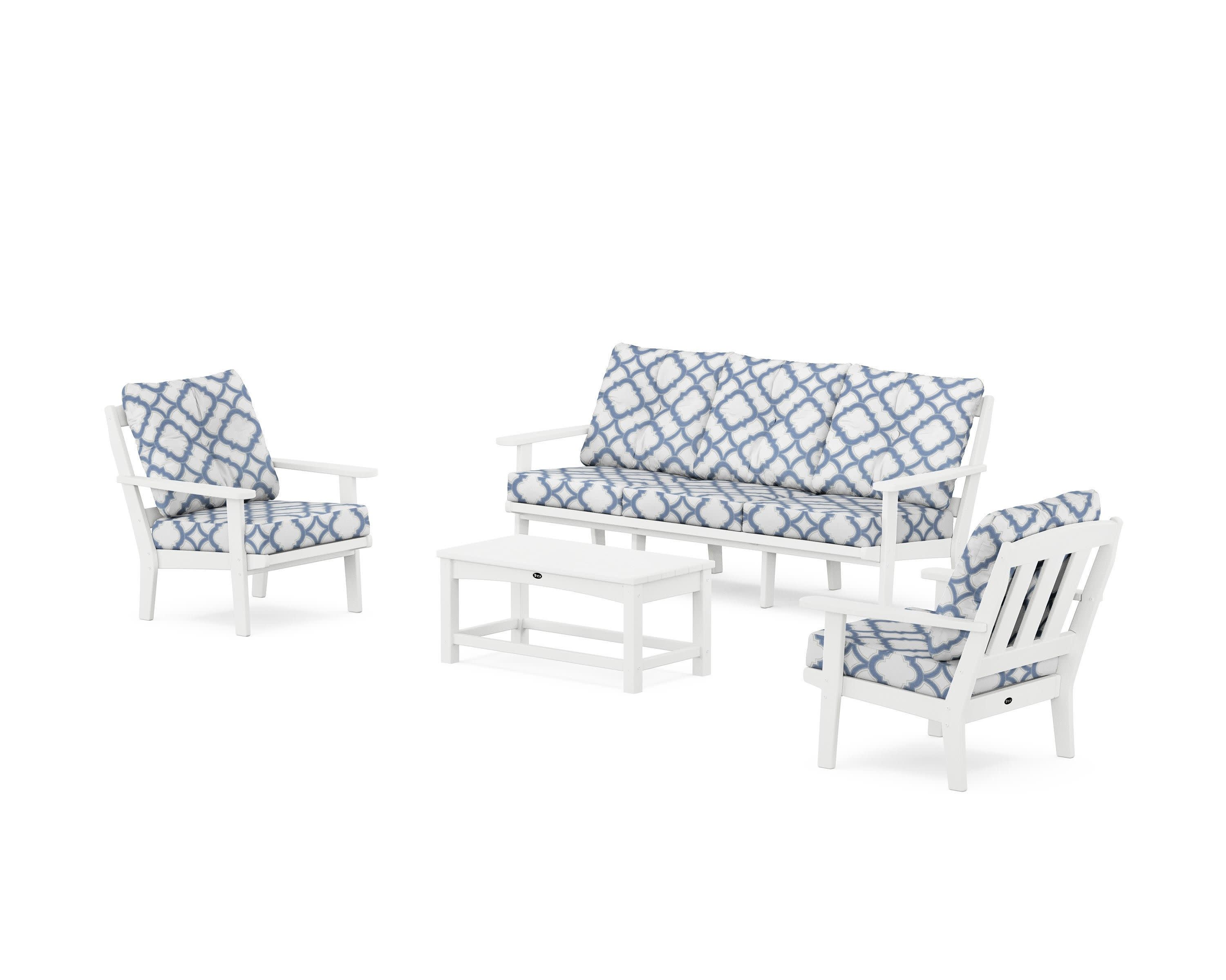 Cape Cod 4-Piece Deep Seating Set with Sofa in Classic White / Trellis Sky Blue