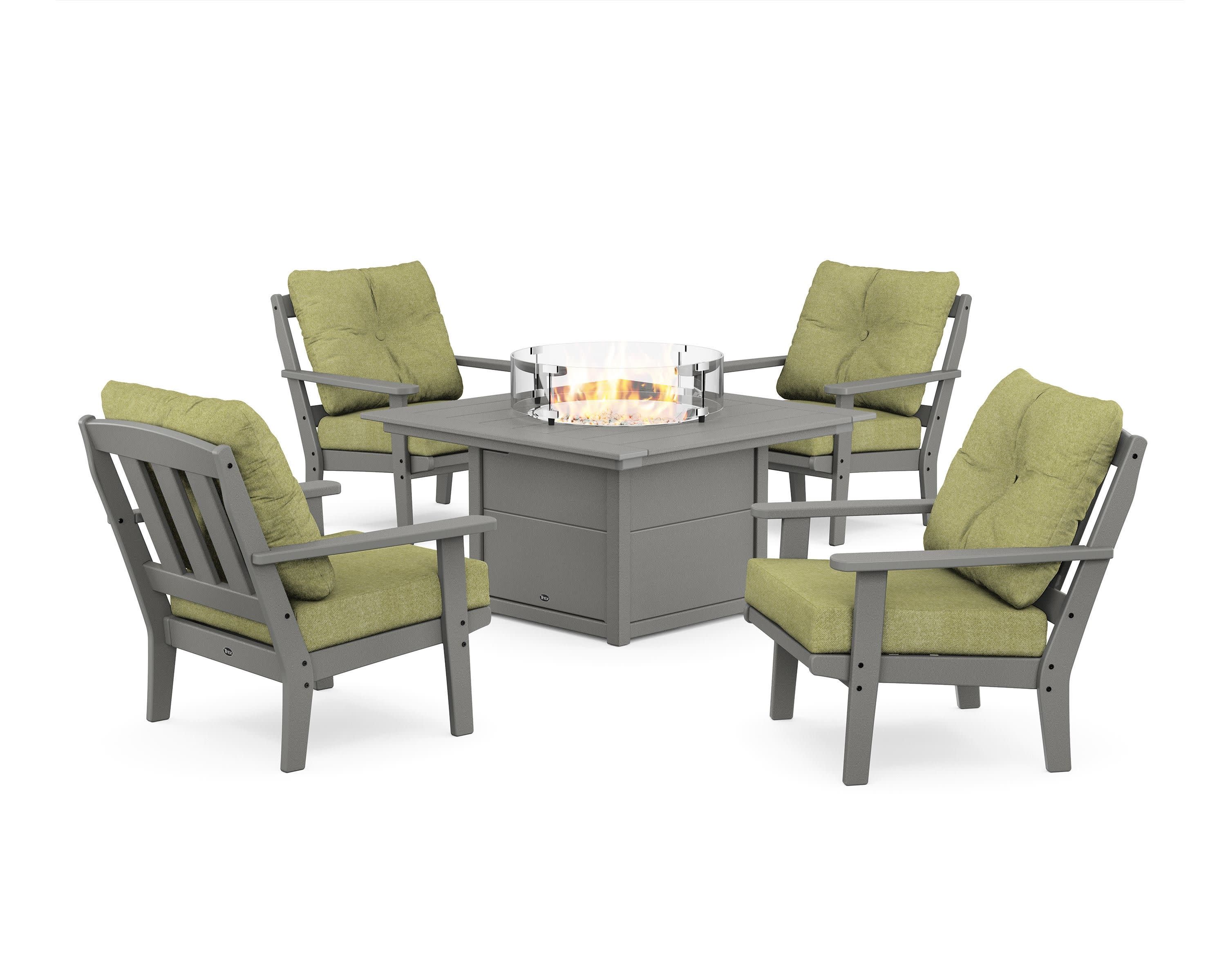 Cape Cod 5-Piece Deep Seating Set with Fire Pit Table in Stepping Stone / Chartreuse Boucle