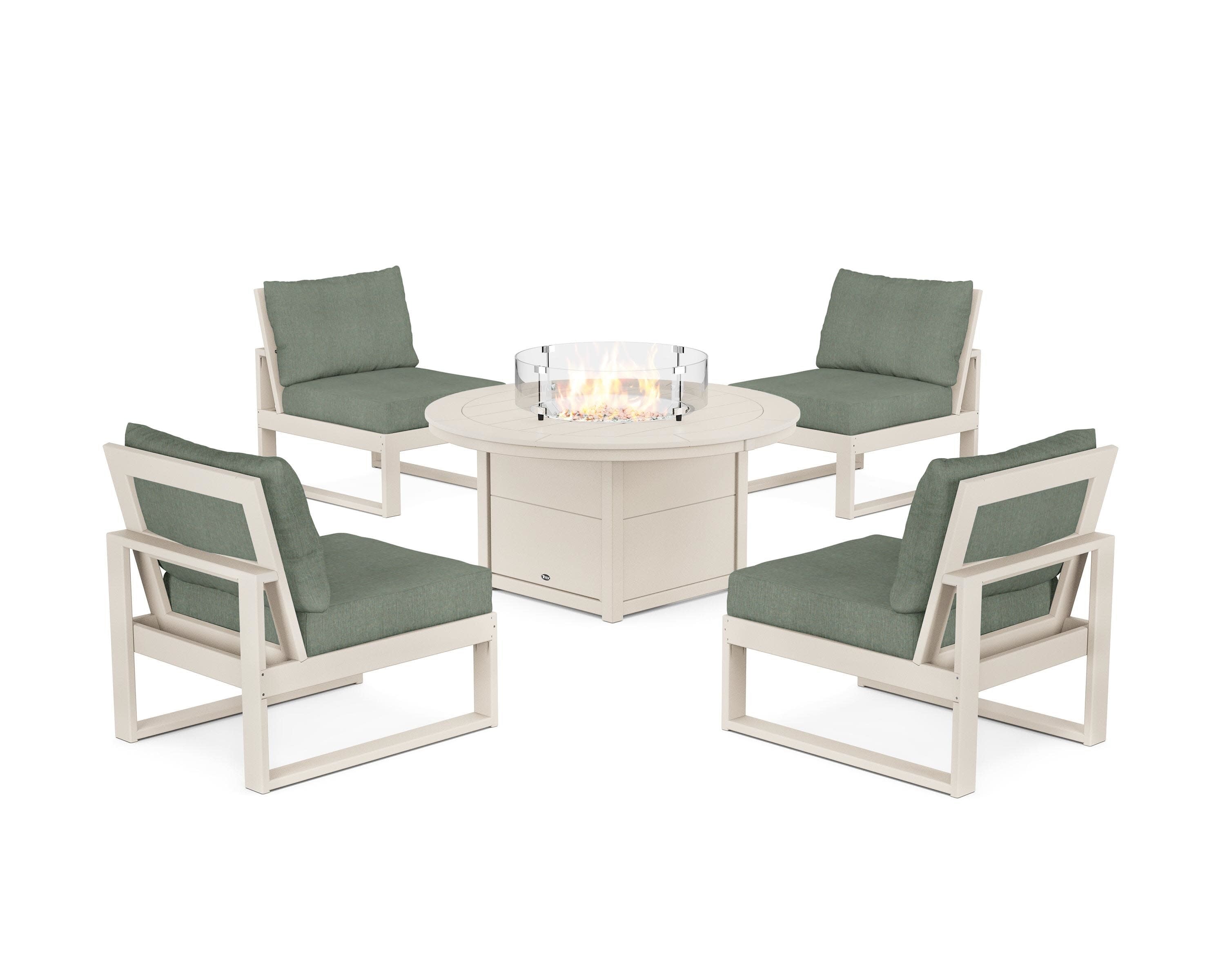 Eastport Modular 5-Piece Deep Seating Set with Round Fire Pit Table in Sand Castle / Cast Sage
