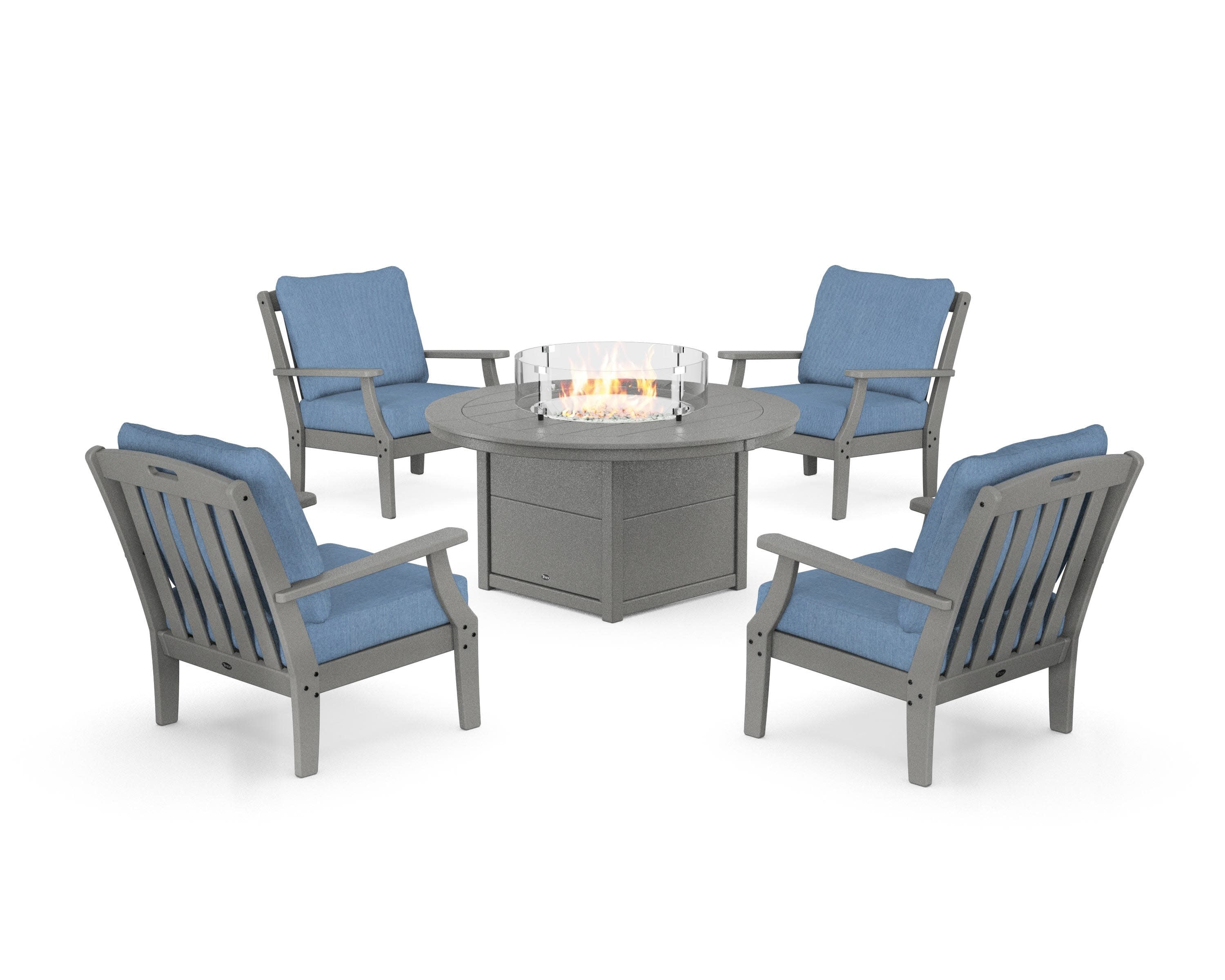 Yacht Club 5-Piece Deep Seating Set with Round Fire Pit Table in Stepping Stone / Sky Blue