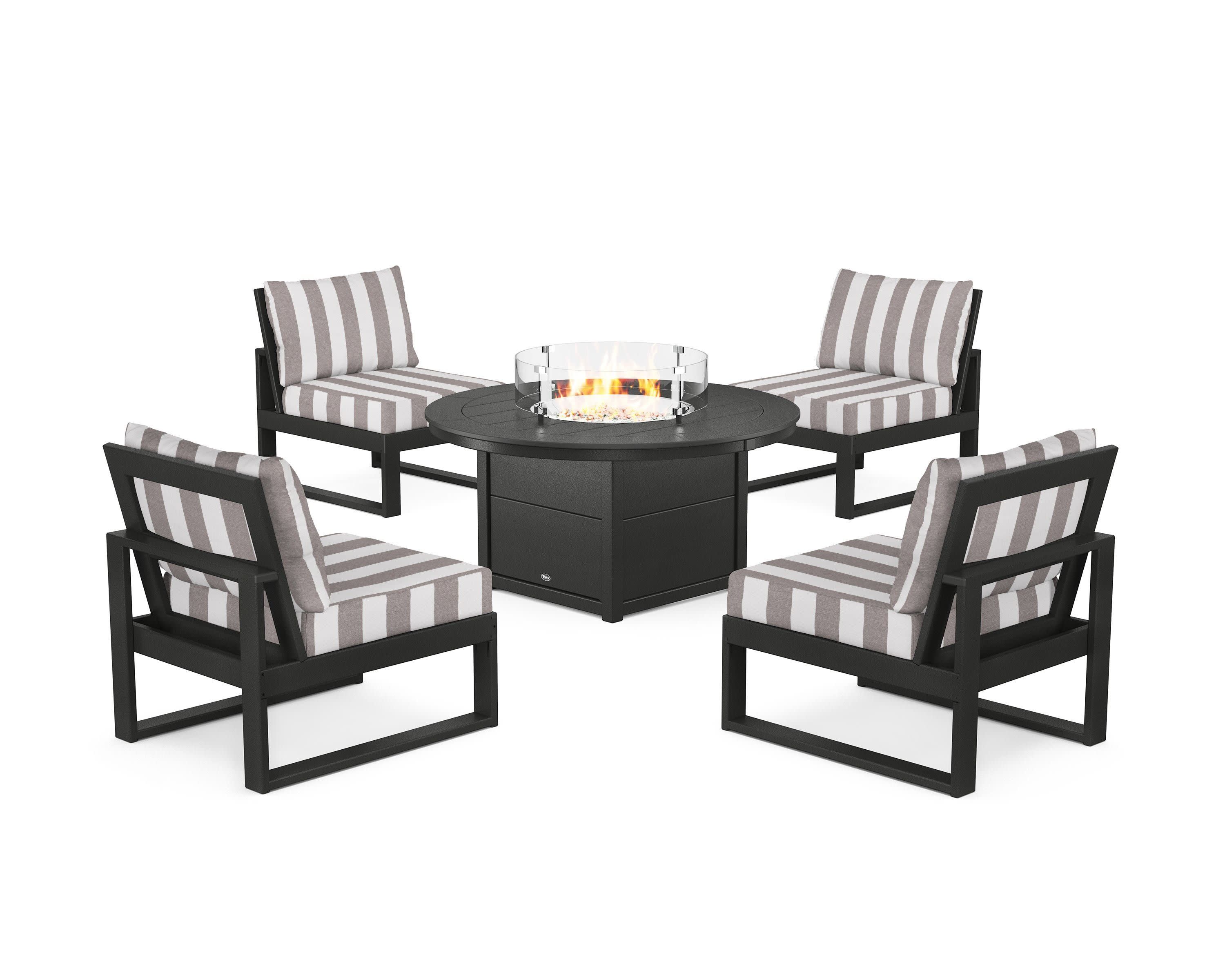 Eastport Modular 5-Piece Deep Seating Set with Round Fire Pit Table in Charcoal Black / Cabana Stripe Grey Mist
