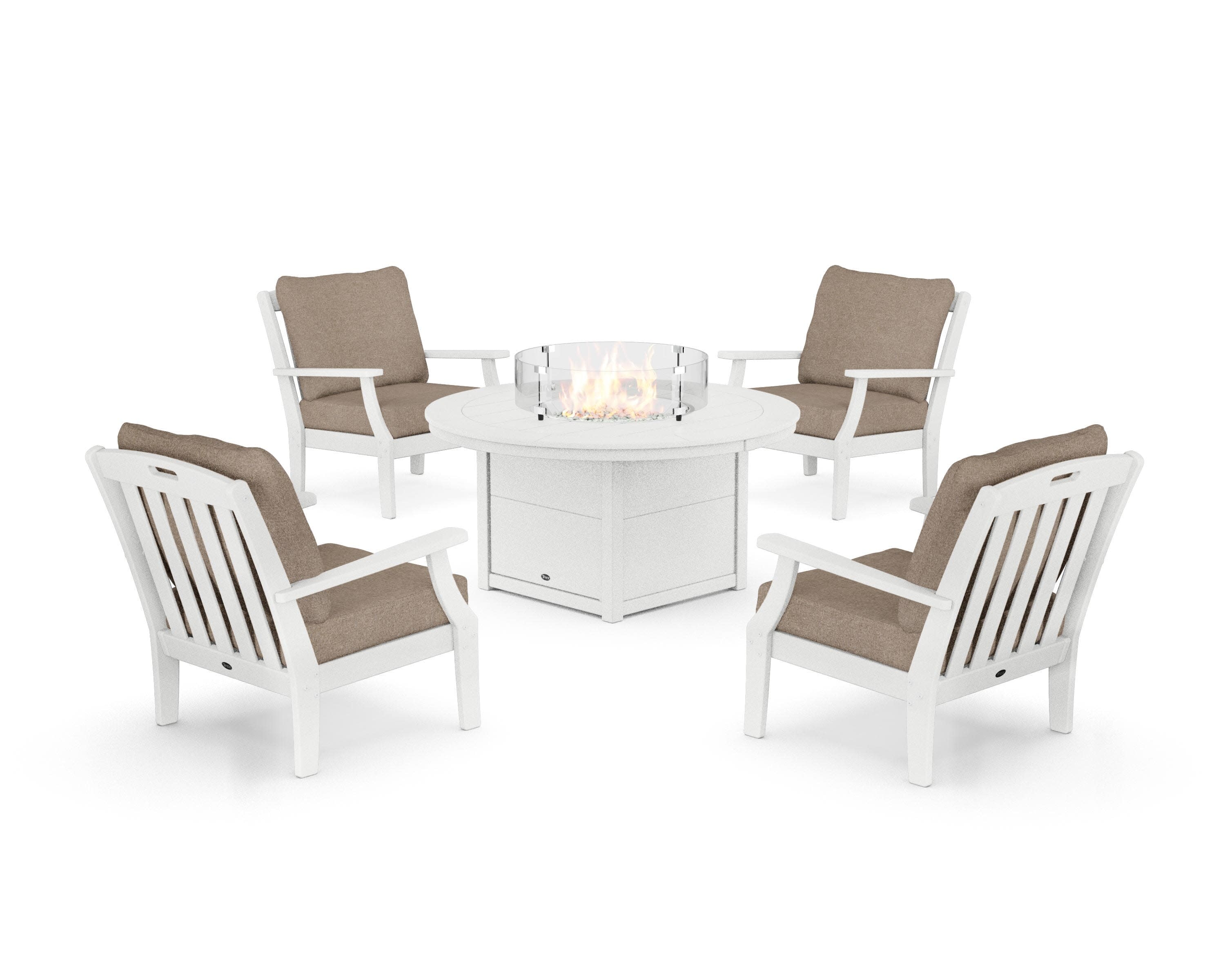 Yacht Club 5-Piece Deep Seating Set with Round Fire Pit Table in Classic White / Spiced Burlap