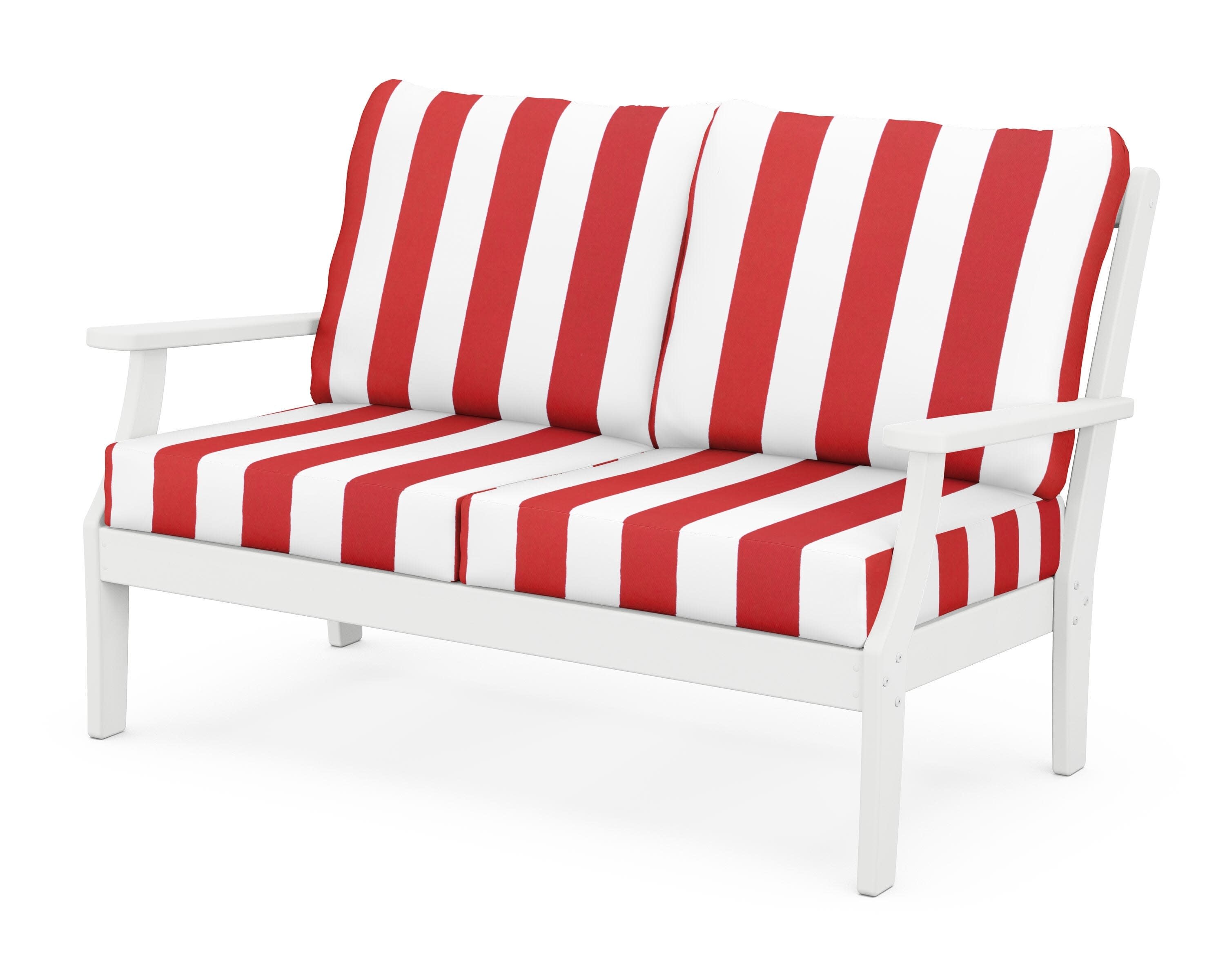 Yacht Club Deep Seating Loveseat in Classic White / Cabana Stripe Crimson