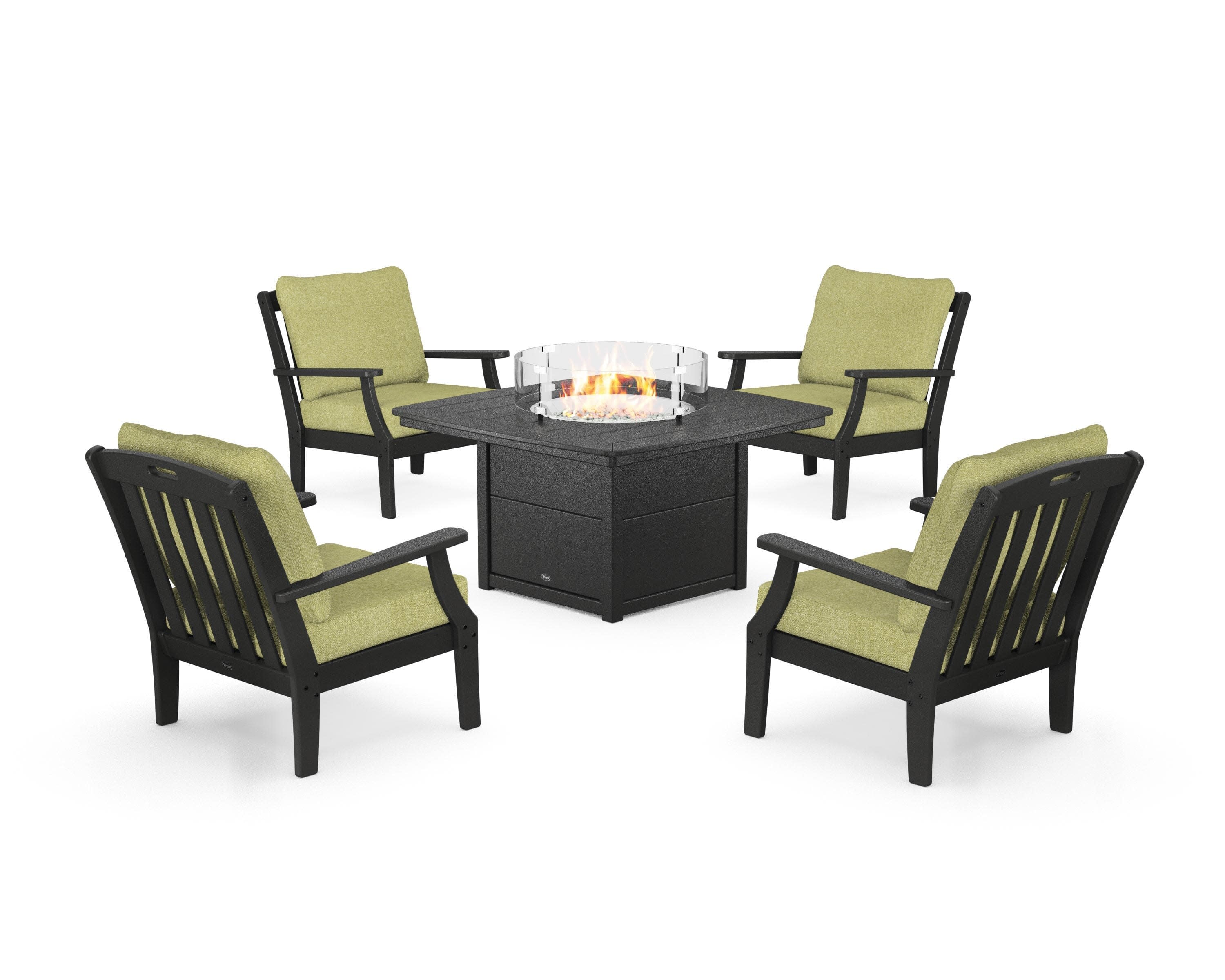 Yacht Club 5-Piece Deep Seating Set with Fire Pit Table in Charcoal Black / Chartreuse Boucle