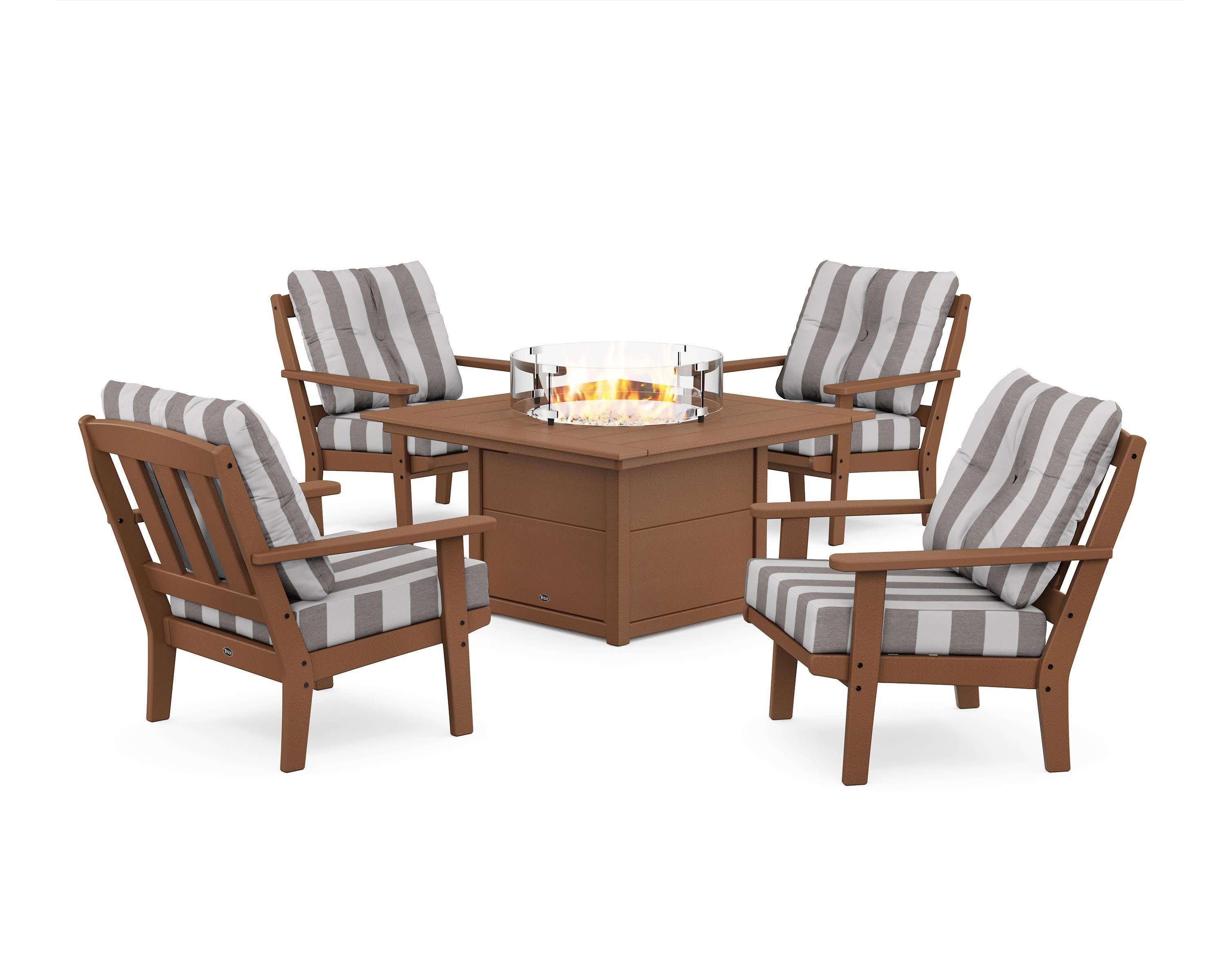 Cape Cod 5-Piece Deep Seating Set with Fire Pit Table in Tree House / Cabana Stripe Grey Mist