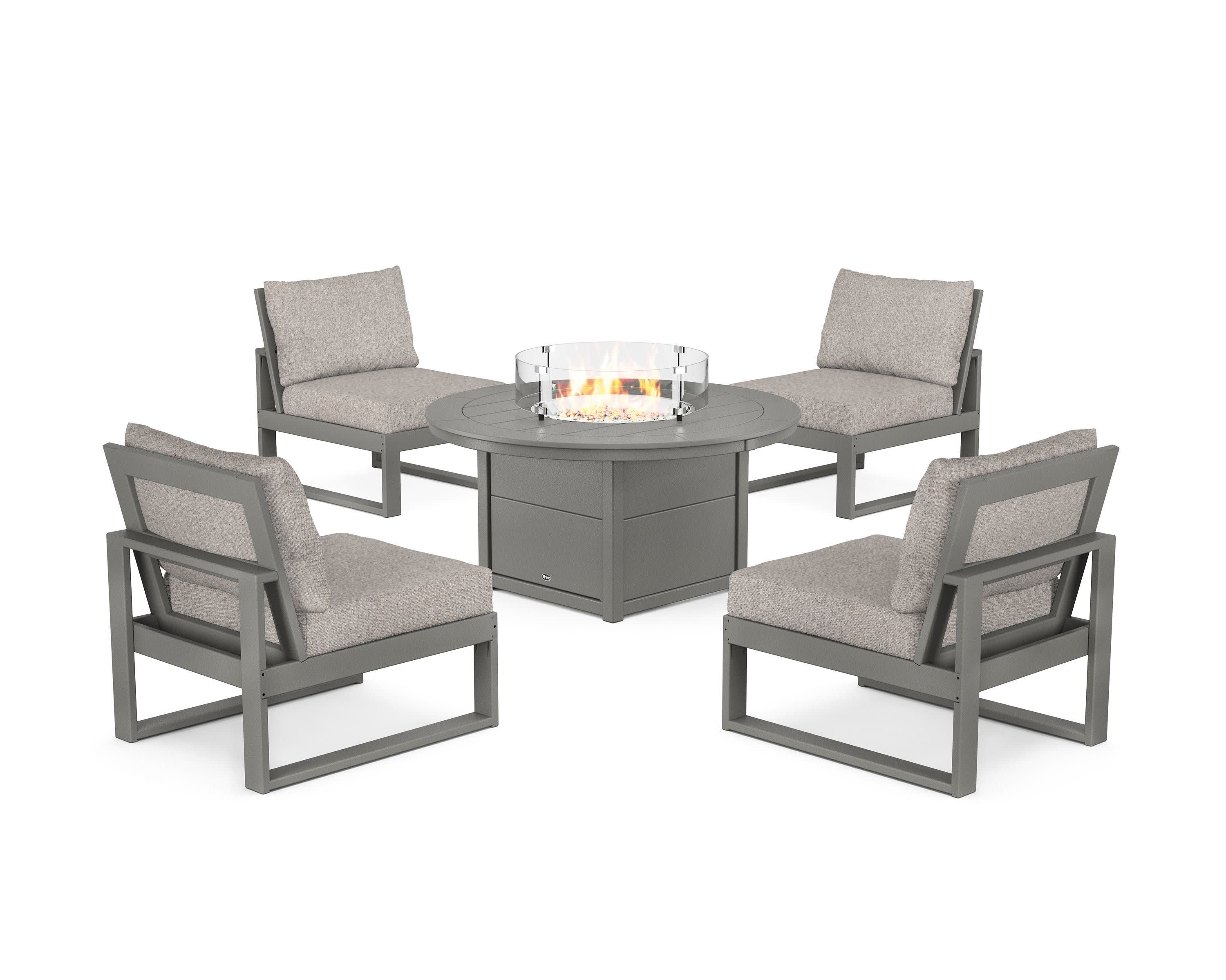 Eastport Modular 5-Piece Deep Seating Set with Round Fire Pit Table in Stepping Stone / Weathered Tweed