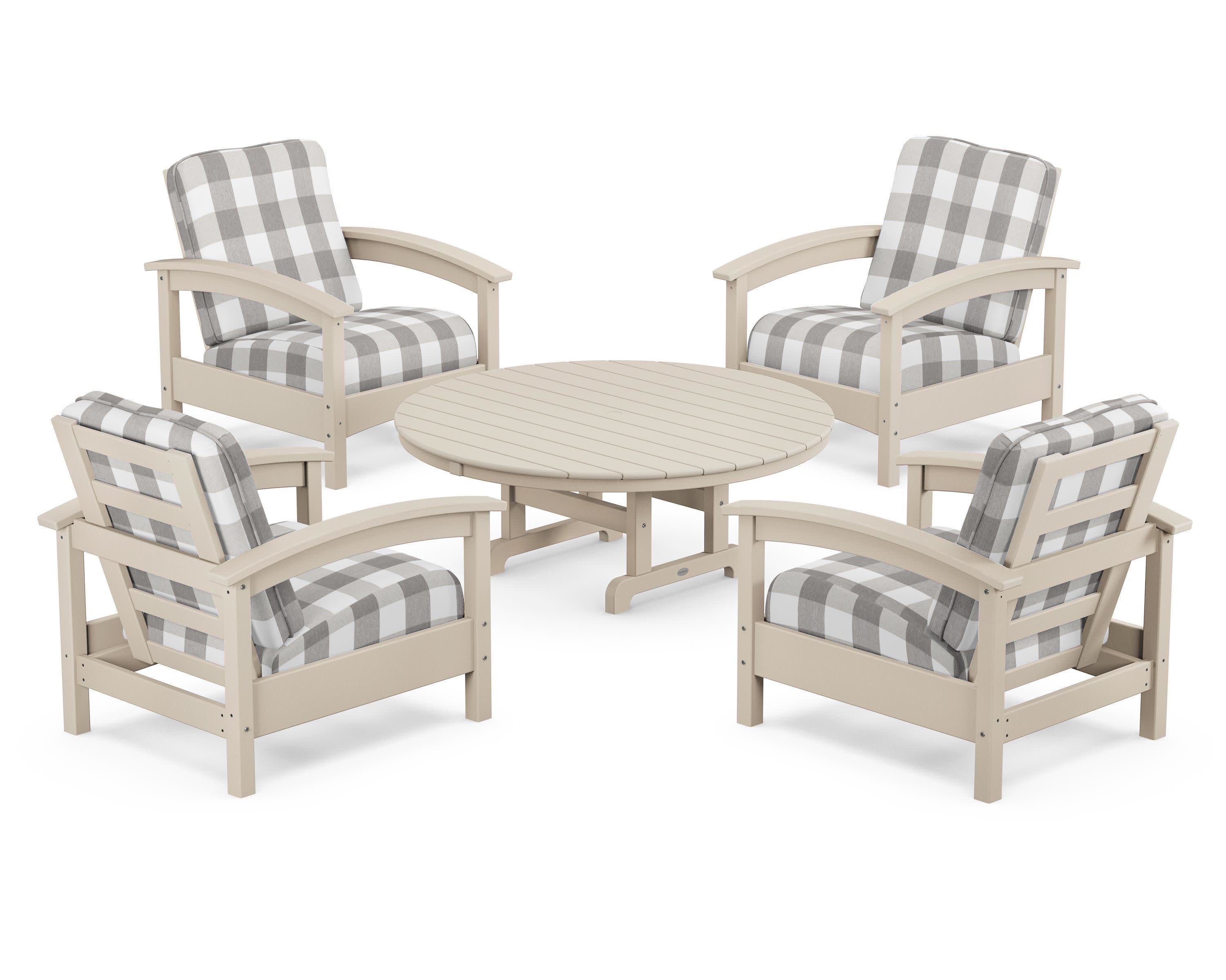 Rockport 5-Piece Deep Seating Set in Sand Castle / Buffalo Plaid Grey Mist