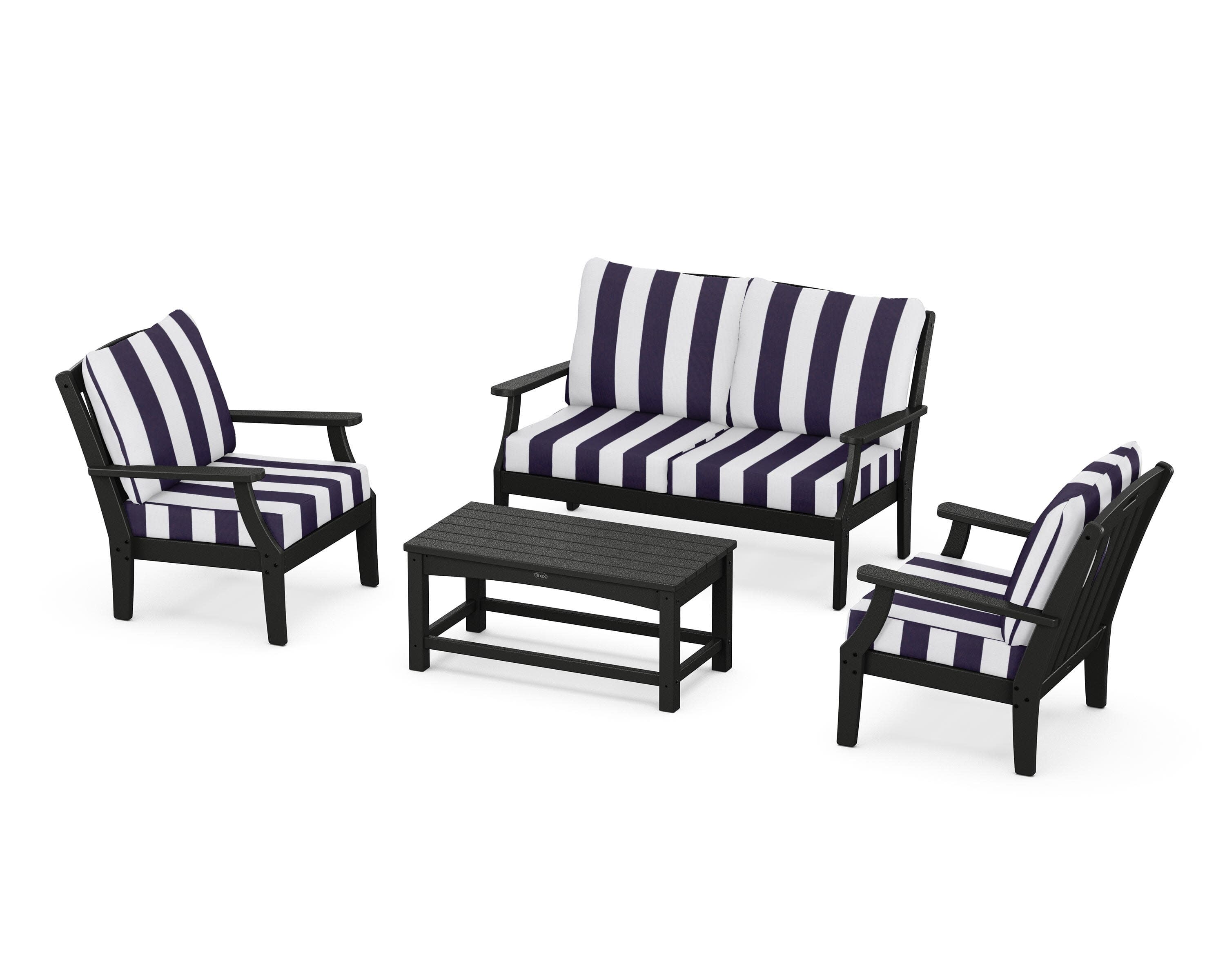 Yacht Club 4-Piece Deep Seating Chair Set in Charcoal Black / Cabana Stripe Navy