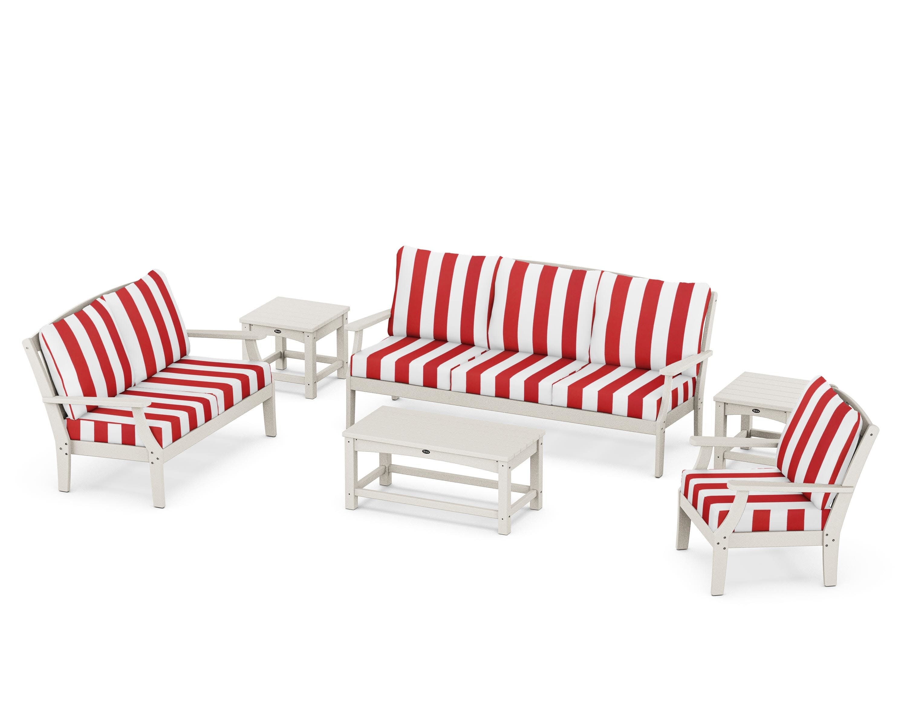 Yacht Club 6-Piece Deep Seating Set in Sand Castle / Cabana Stripe Crimson