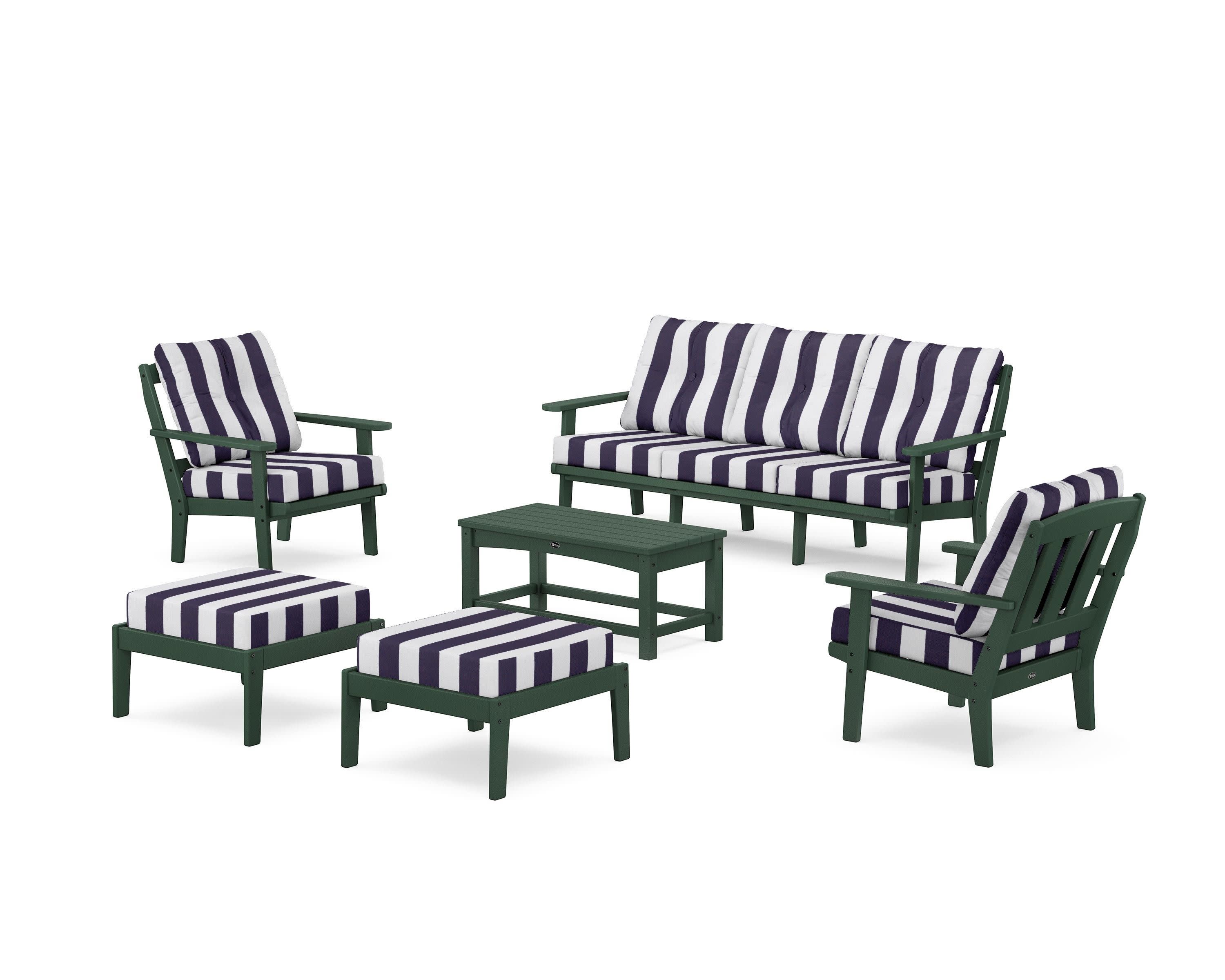 Cape Cod 6-Piece Lounge Sofa Set in Rainforest Canopy / Cabana Stripe Navy