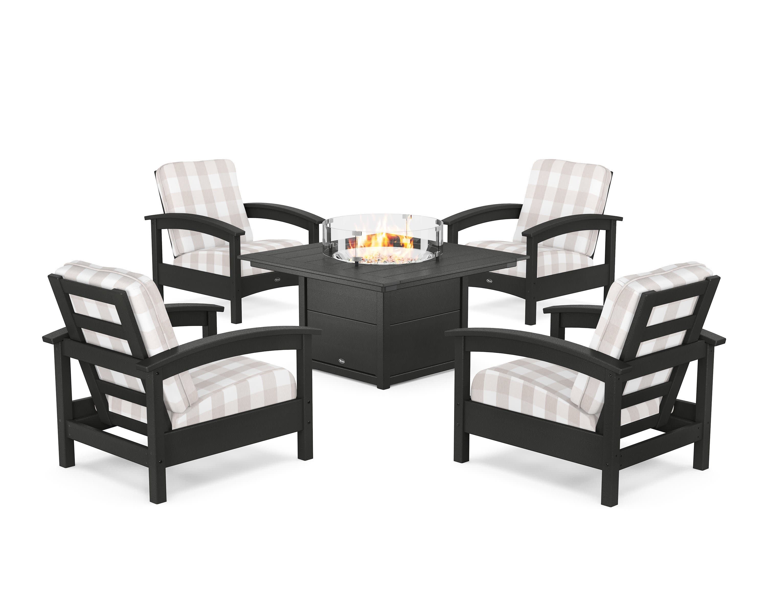 Rockport 5-Piece Deep Seating Set with Square Fire Pit Table in Charcoal Black / Buffalo Plaid Dune Burlap