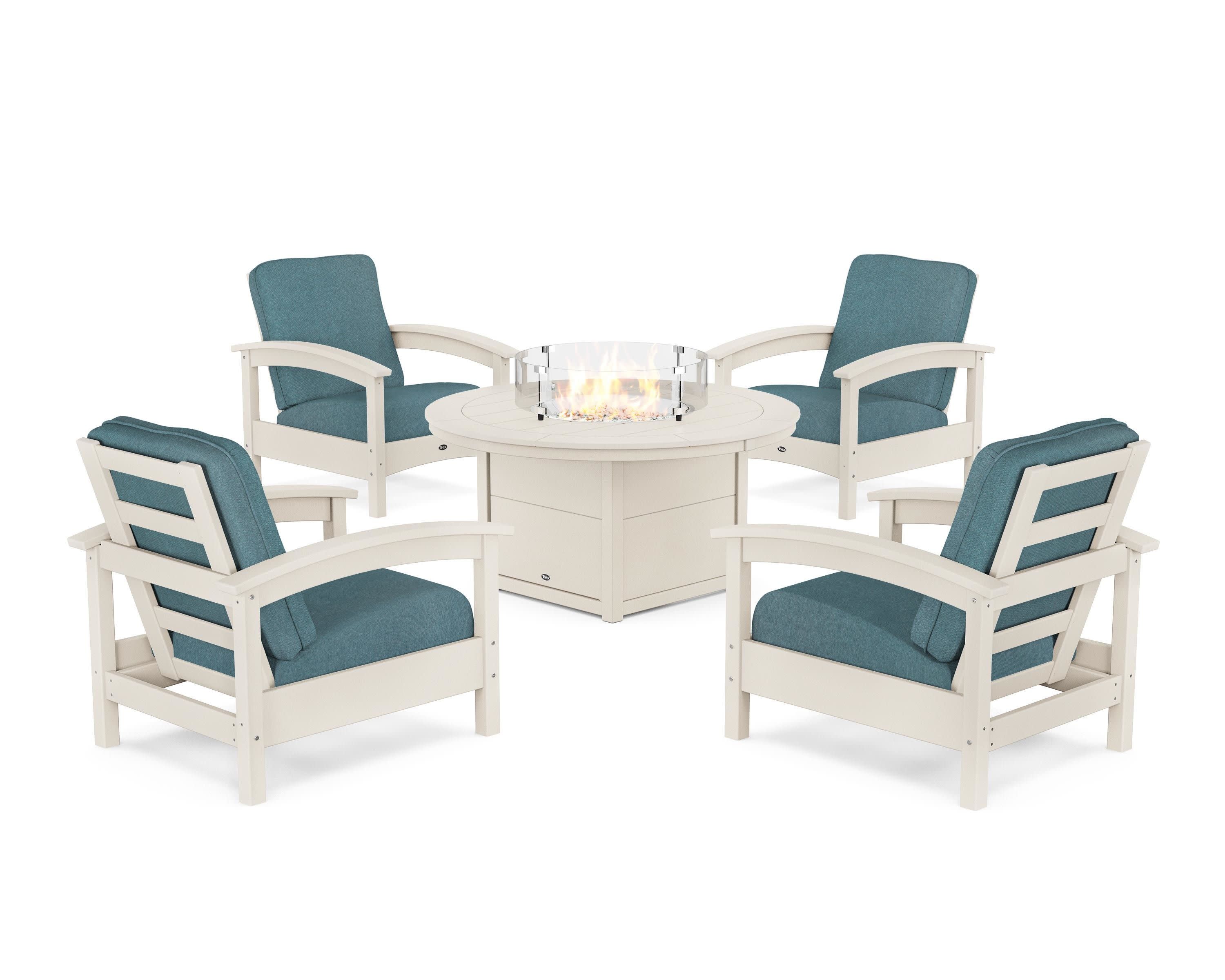 Rockport 5-Piece Deep Seating Set with Round Fire Pit Table in Sand Castle / Ocean Teal