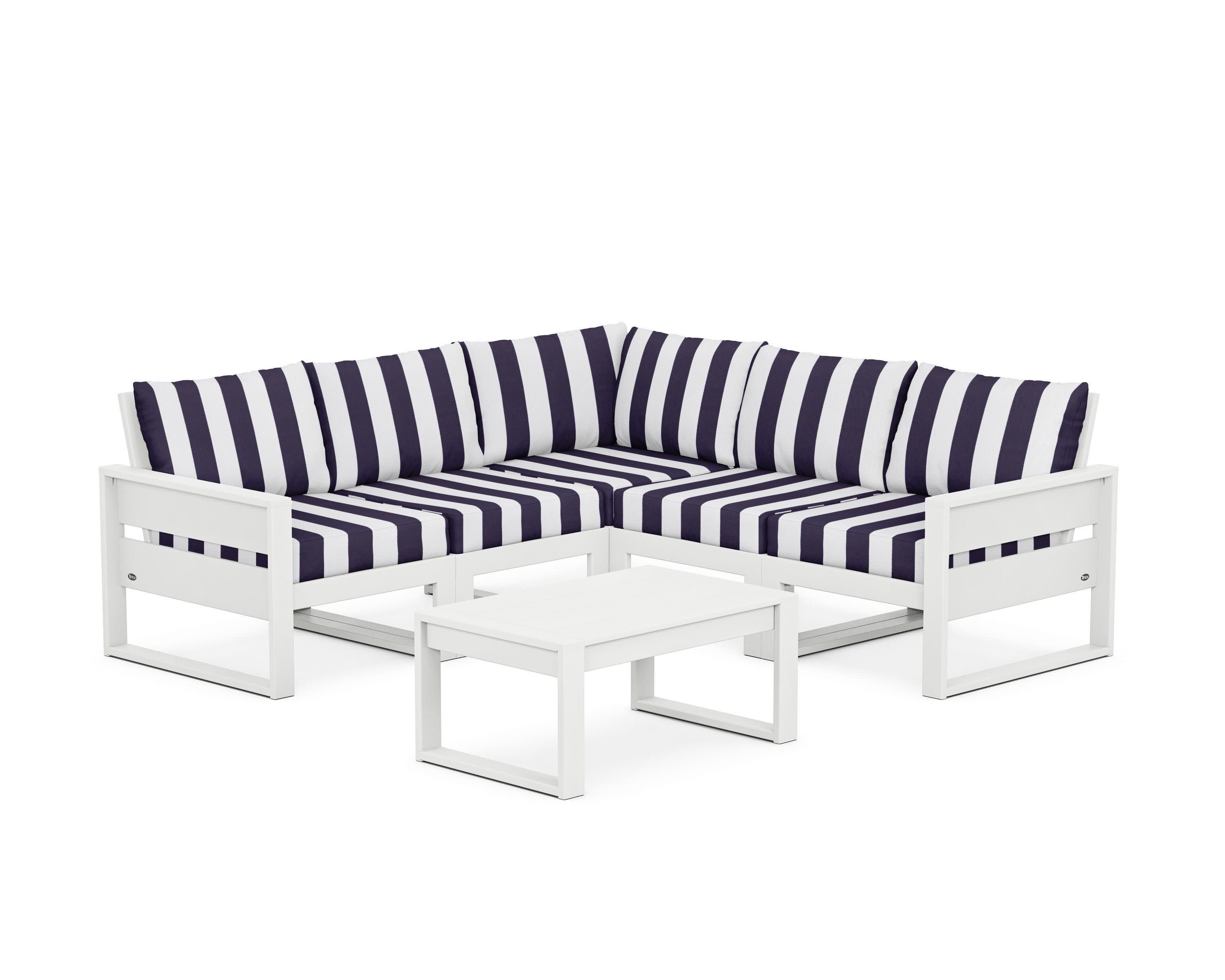 Eastport 6-Piece Deep Seating Sectional + Coffee Table Set in Classic White / Cabana Stripe Navy
