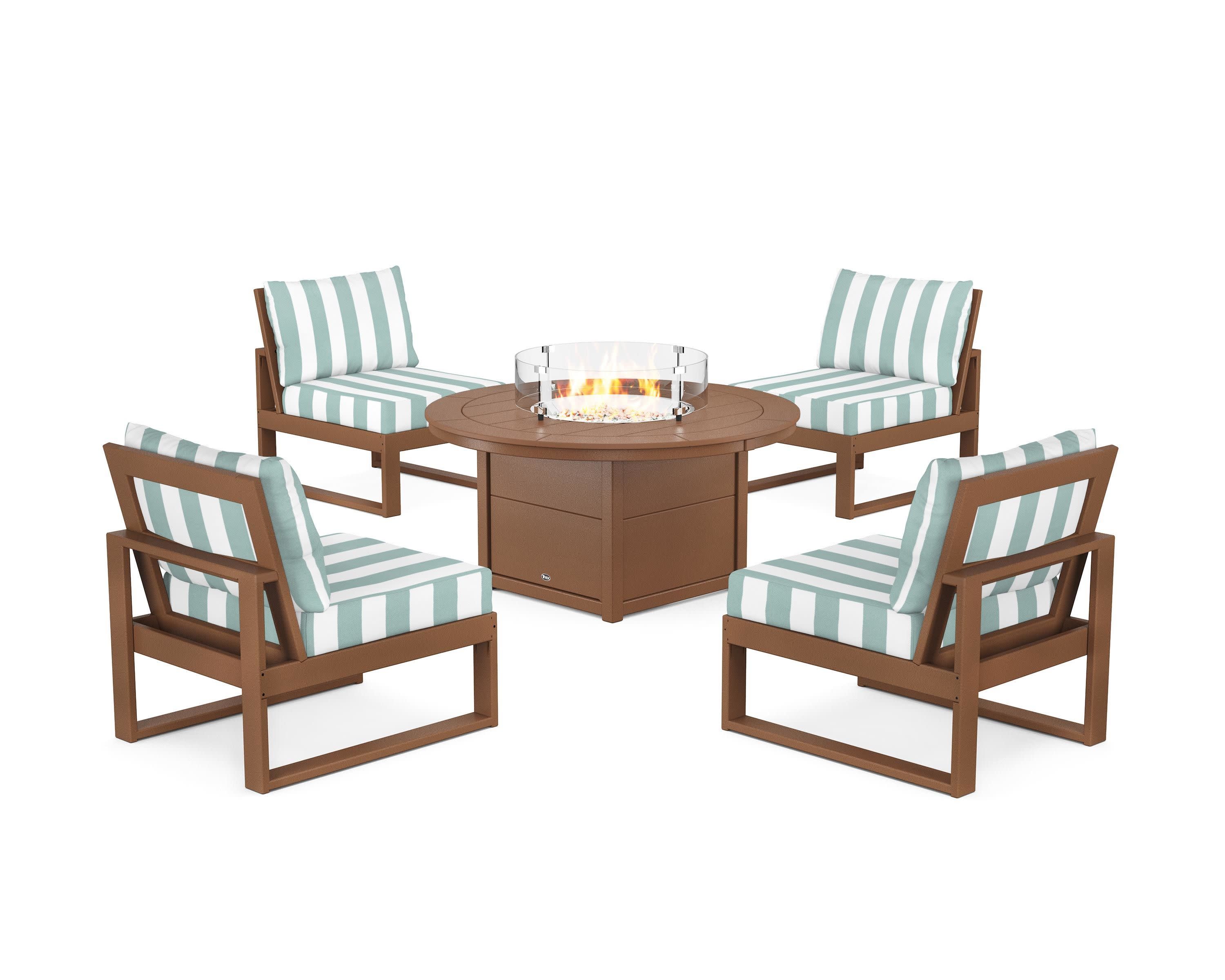 Eastport Modular 5-Piece Deep Seating Set with Round Fire Pit Table in Tree House / Cabana Stripe Glacier Spa