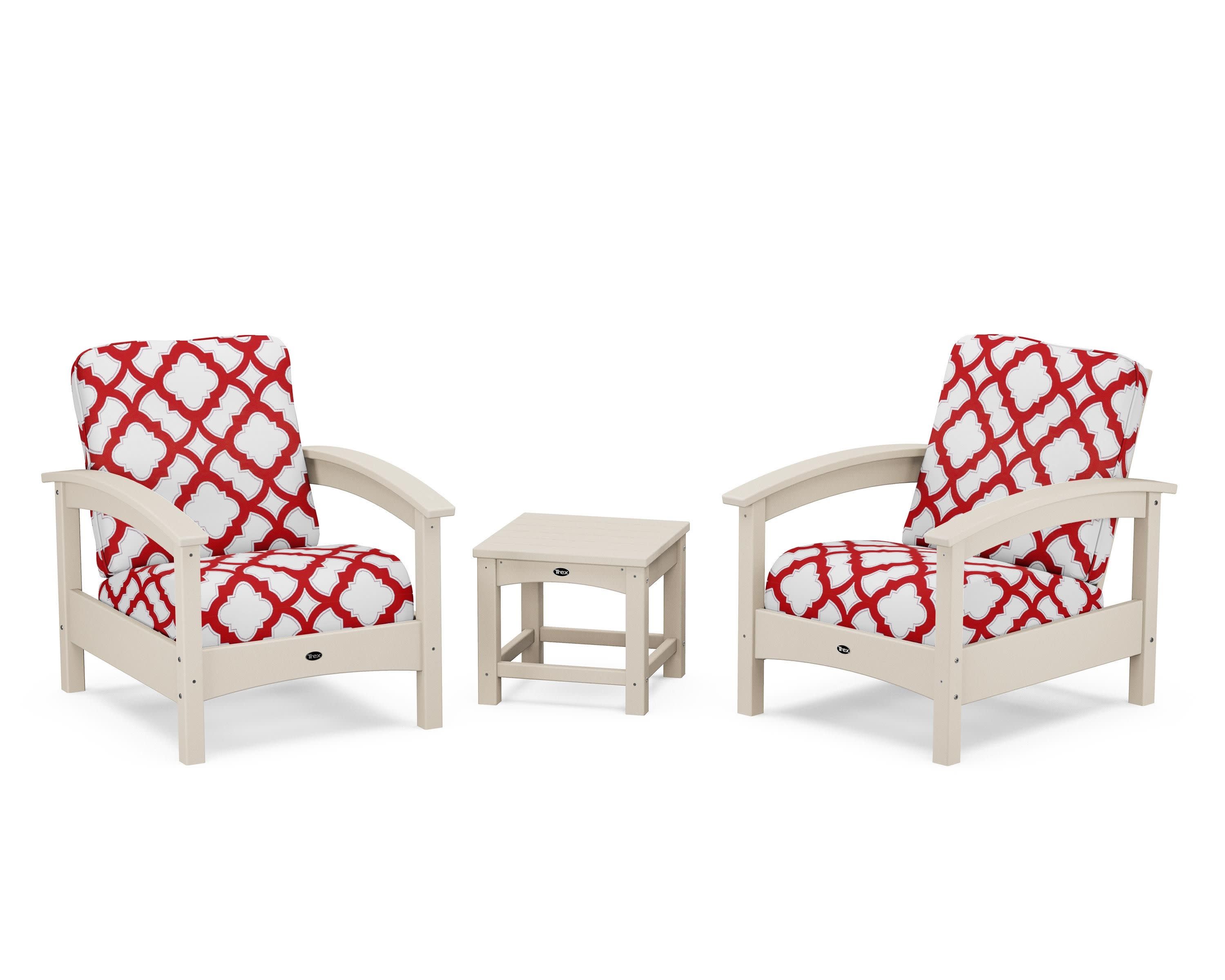 Rockport Club 3-Piece Deep Seating Conversation Set in Sand Castle / Trellis Crimson