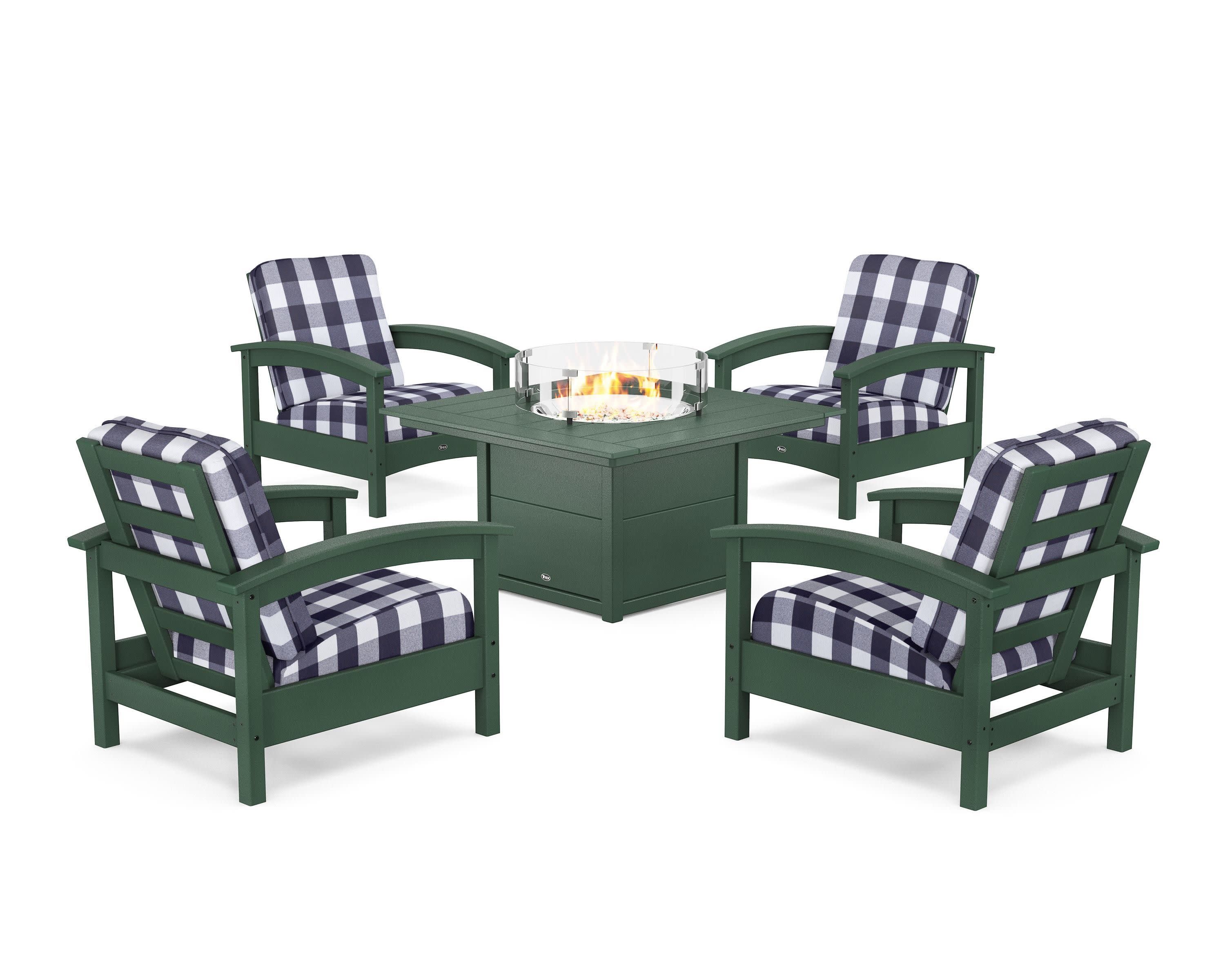 Rockport 5-Piece Deep Seating Set with Square Fire Pit Table in Rainforest Canopy / Buffalo Plaid Navy