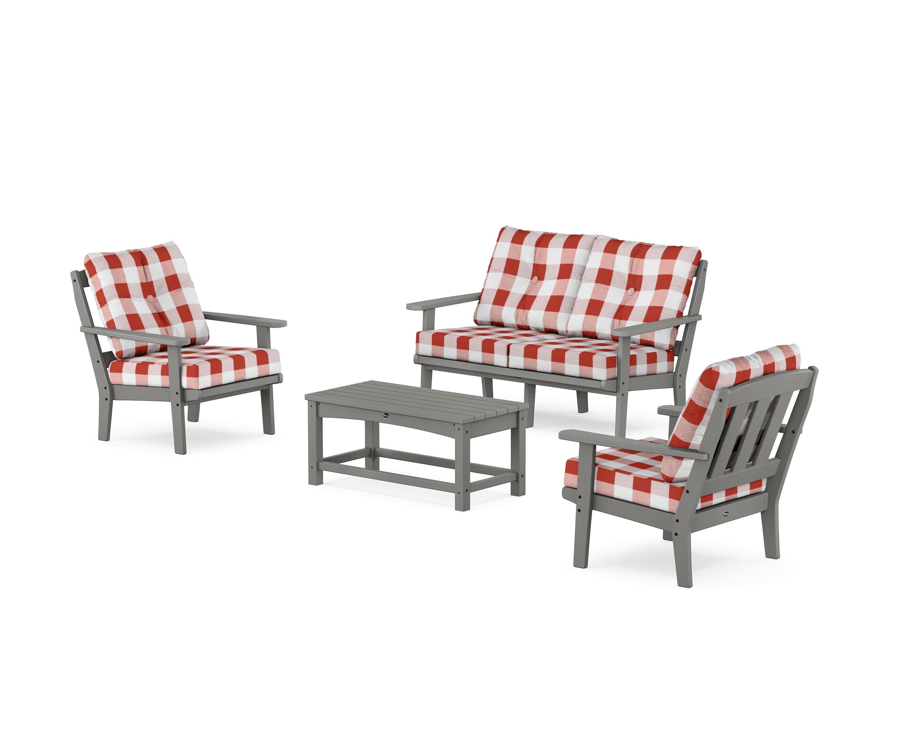Cape Cod 4-Piece Deep Seating Set with Loveseat in Stepping Stone / Buffalo Plaid Crimson