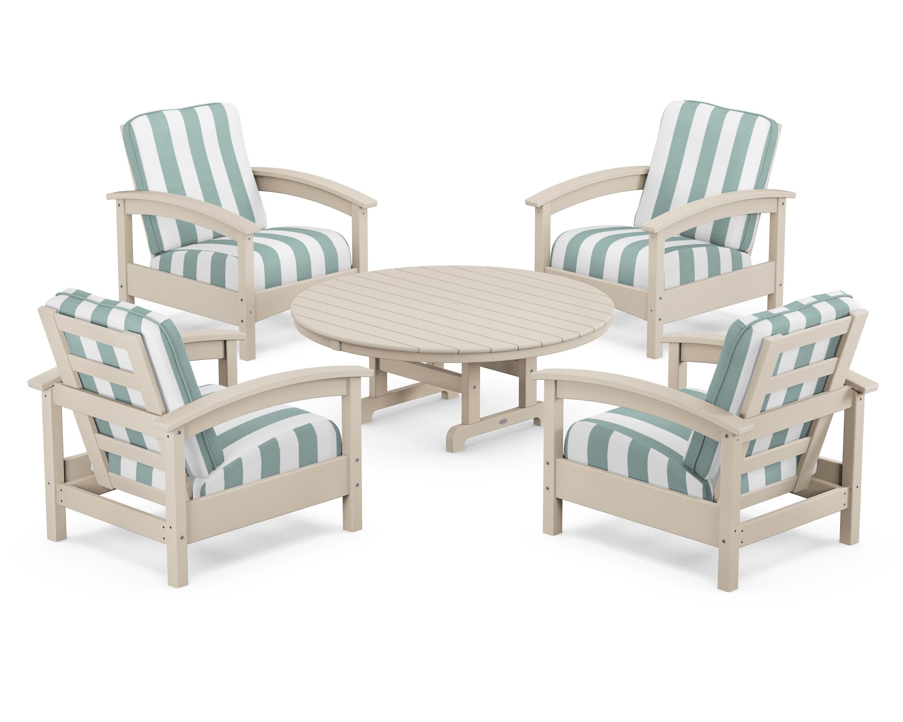 Rockport 5-Piece Deep Seating Set in Sand Castle / Cabana Stripe Glacier Spa