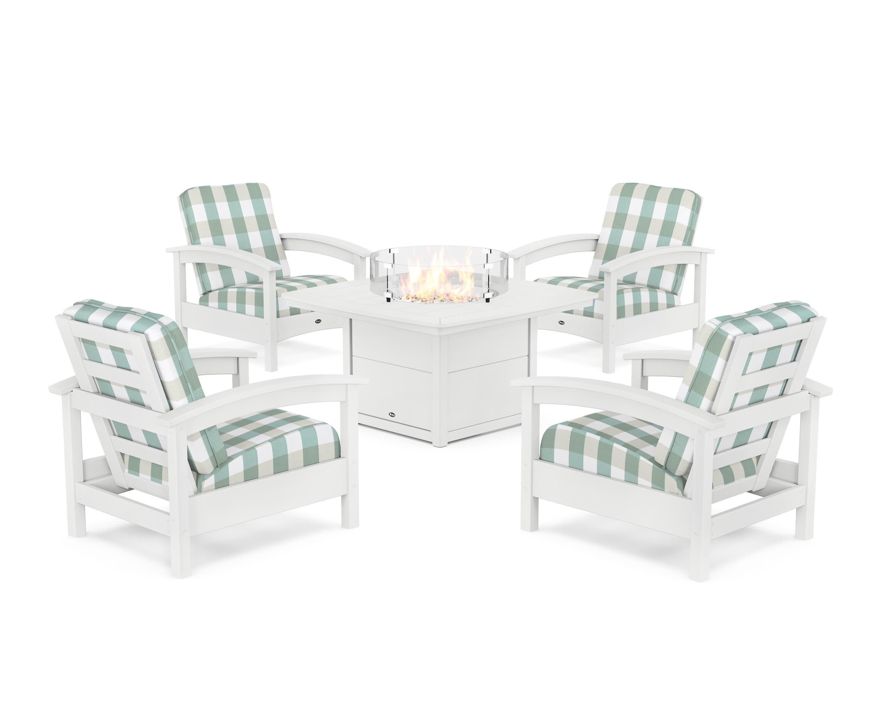 Rockport 5-Piece Deep Seating Set with Yacht Club Fire Pit Table in Classic White / Buffalo Plaid Glacier Spa