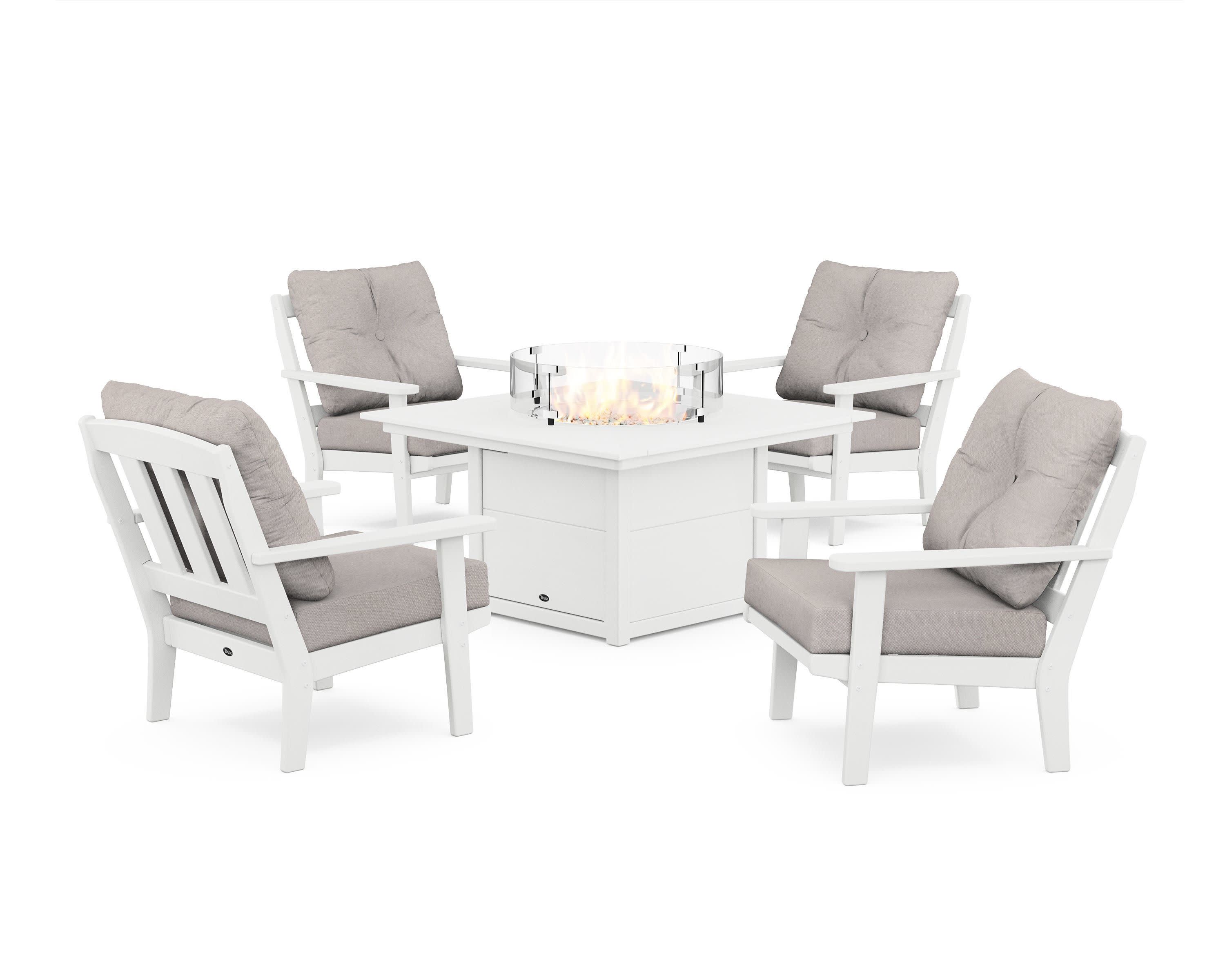 Cape Cod 5-Piece Deep Seating Set with Fire Pit Table in Classic White / Dune Burlap