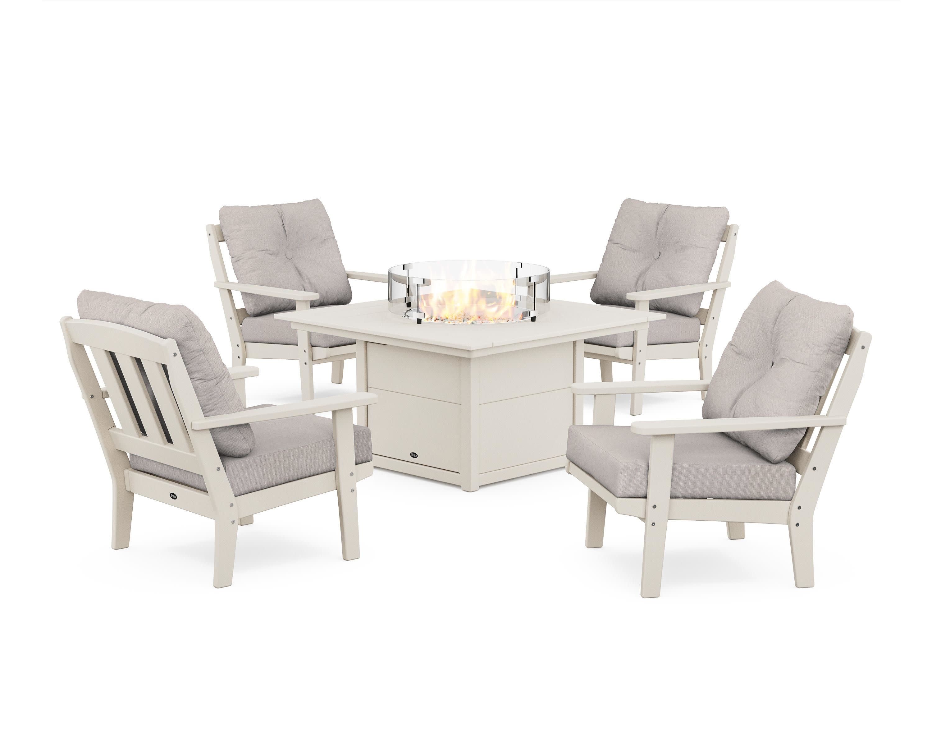 Cape Cod 5-Piece Deep Seating Set with Fire Pit Table in Sand Castle / Dune Burlap