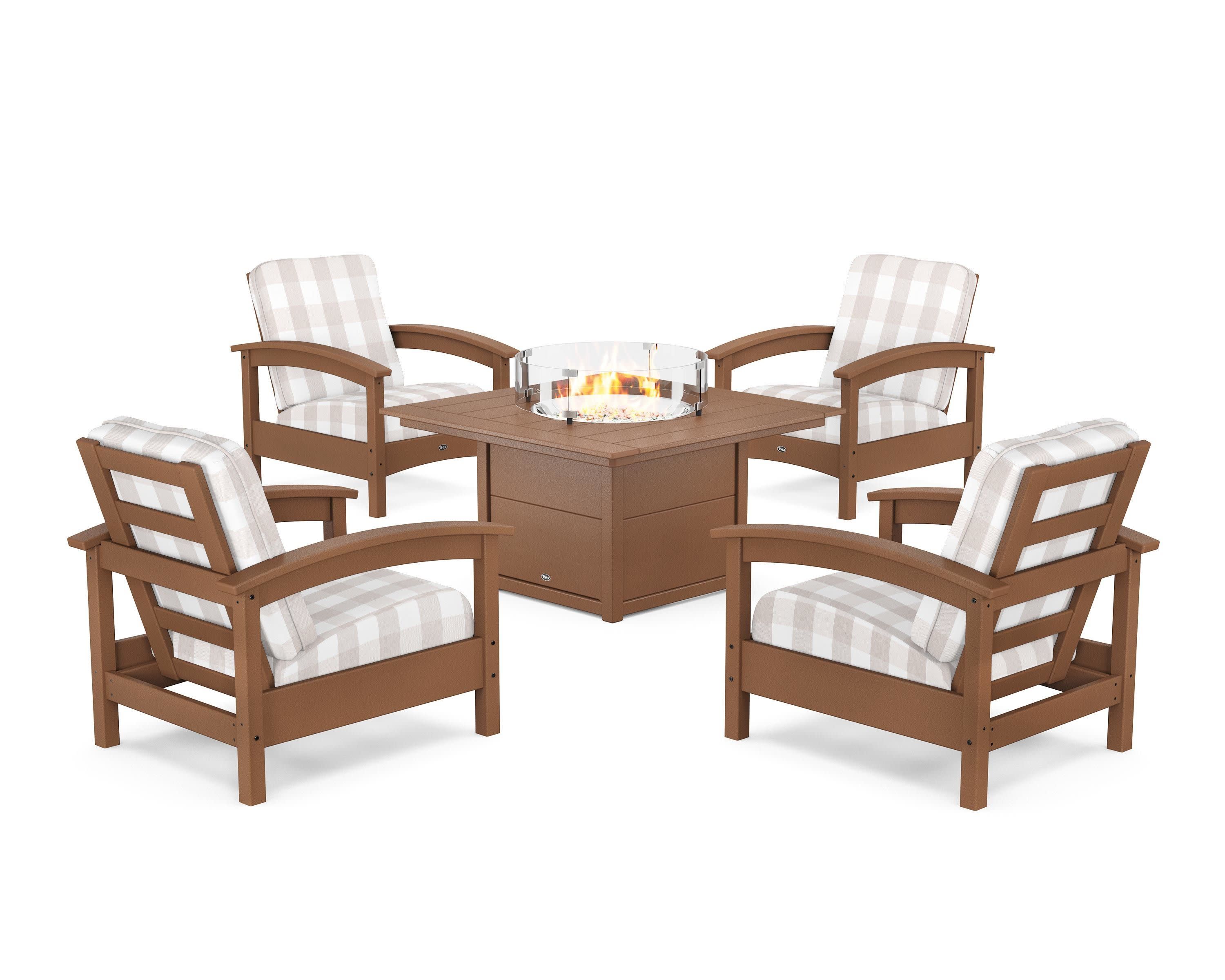 Rockport 5-Piece Deep Seating Set with Square Fire Pit Table in Tree House / Buffalo Plaid Dune Burlap