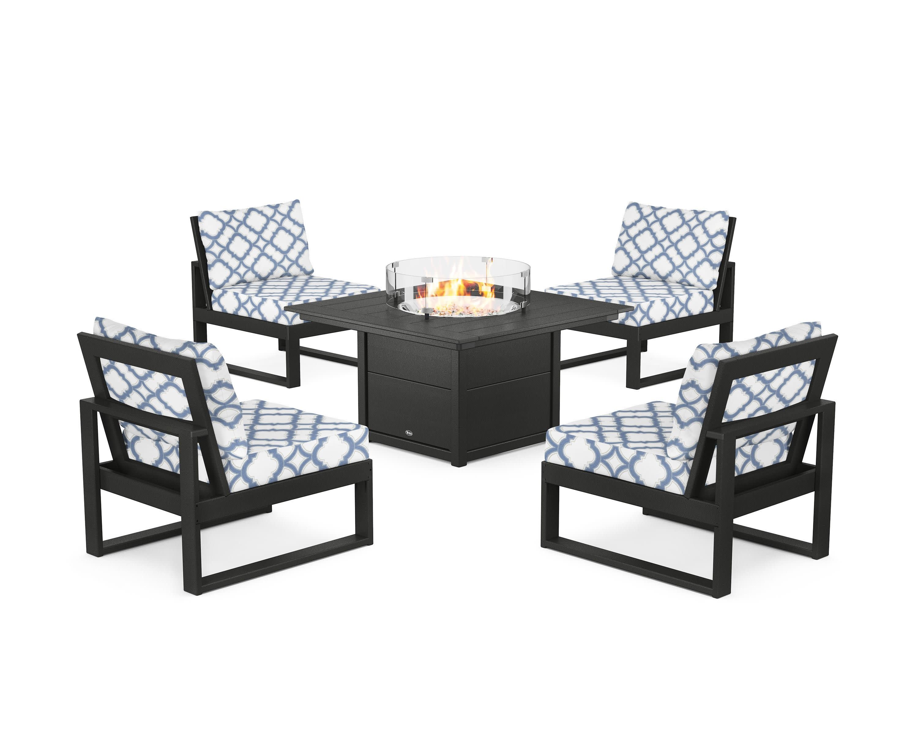 Eastport Modular 5-Piece Deep Seating Set with Square Fire Pit Table in Charcoal Black / Trellis Sky Blue