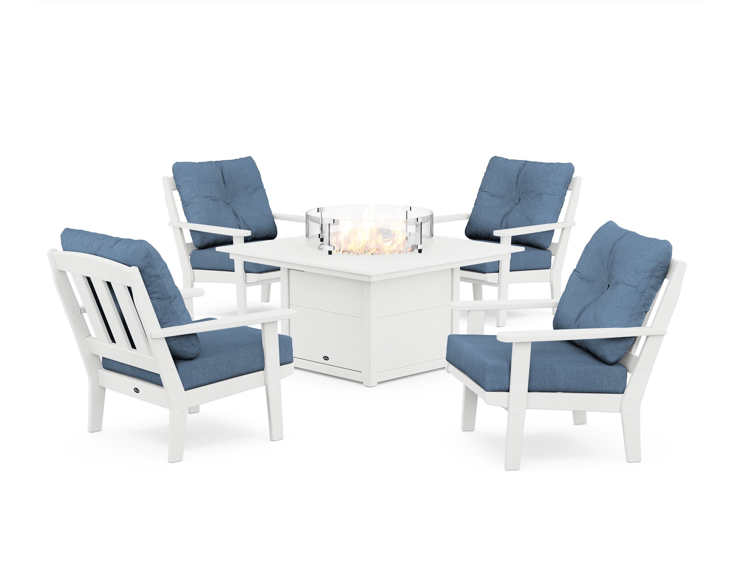 Cape Cod 5-Piece Deep Seating Set with Fire Pit Table in Classic White / Sky Blue