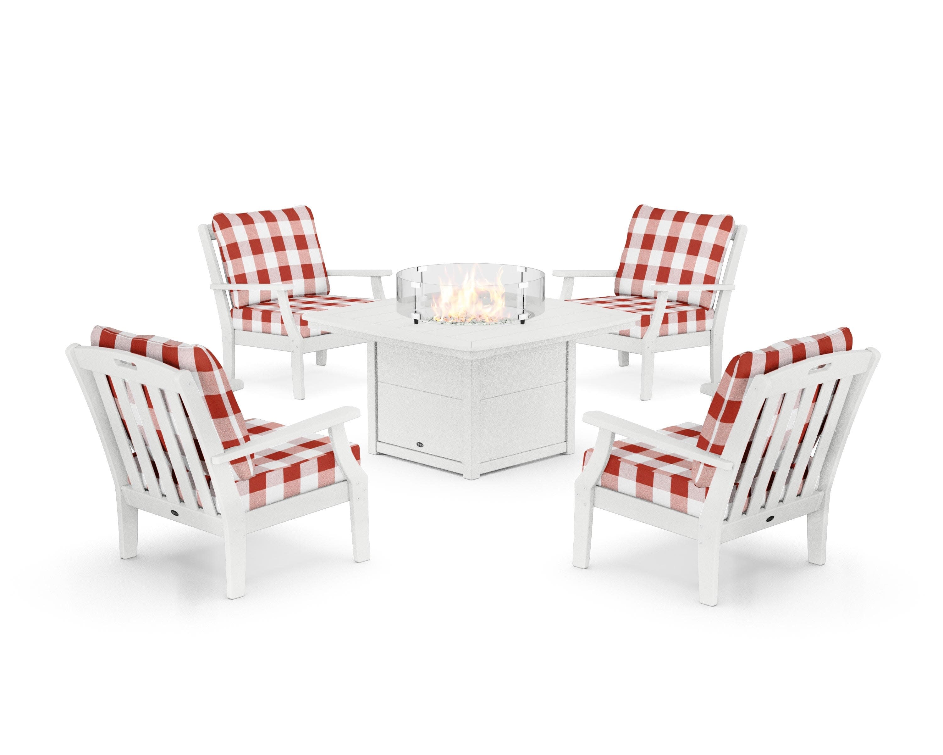 Yacht Club 5-Piece Deep Seating Set with Fire Pit Table in Classic White / Buffalo Plaid Crimson