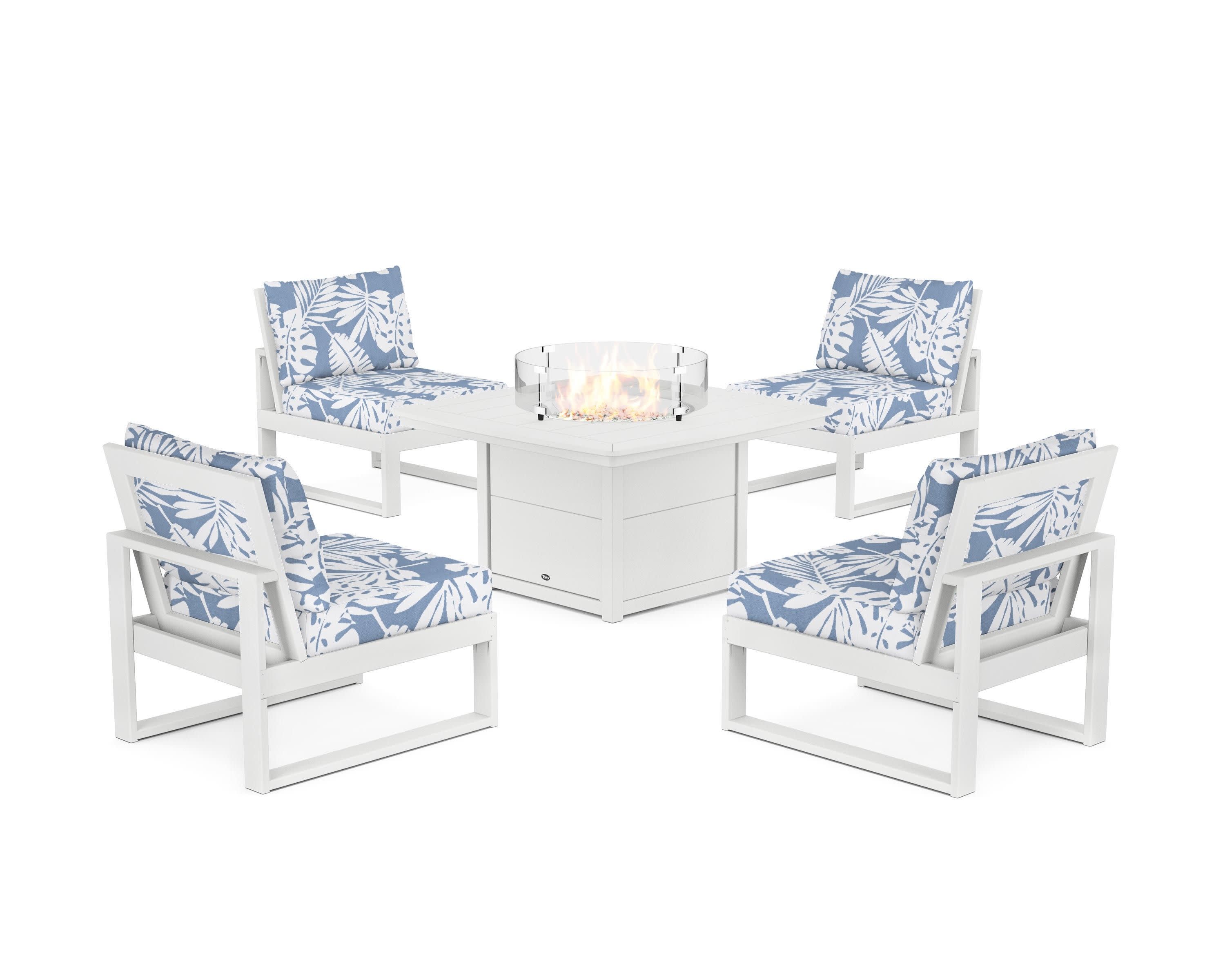 Eastport Modular 5-Piece Deep Seating Set with Yacht Club Fire Pit Table in Classic White / Leaf Sky Blue