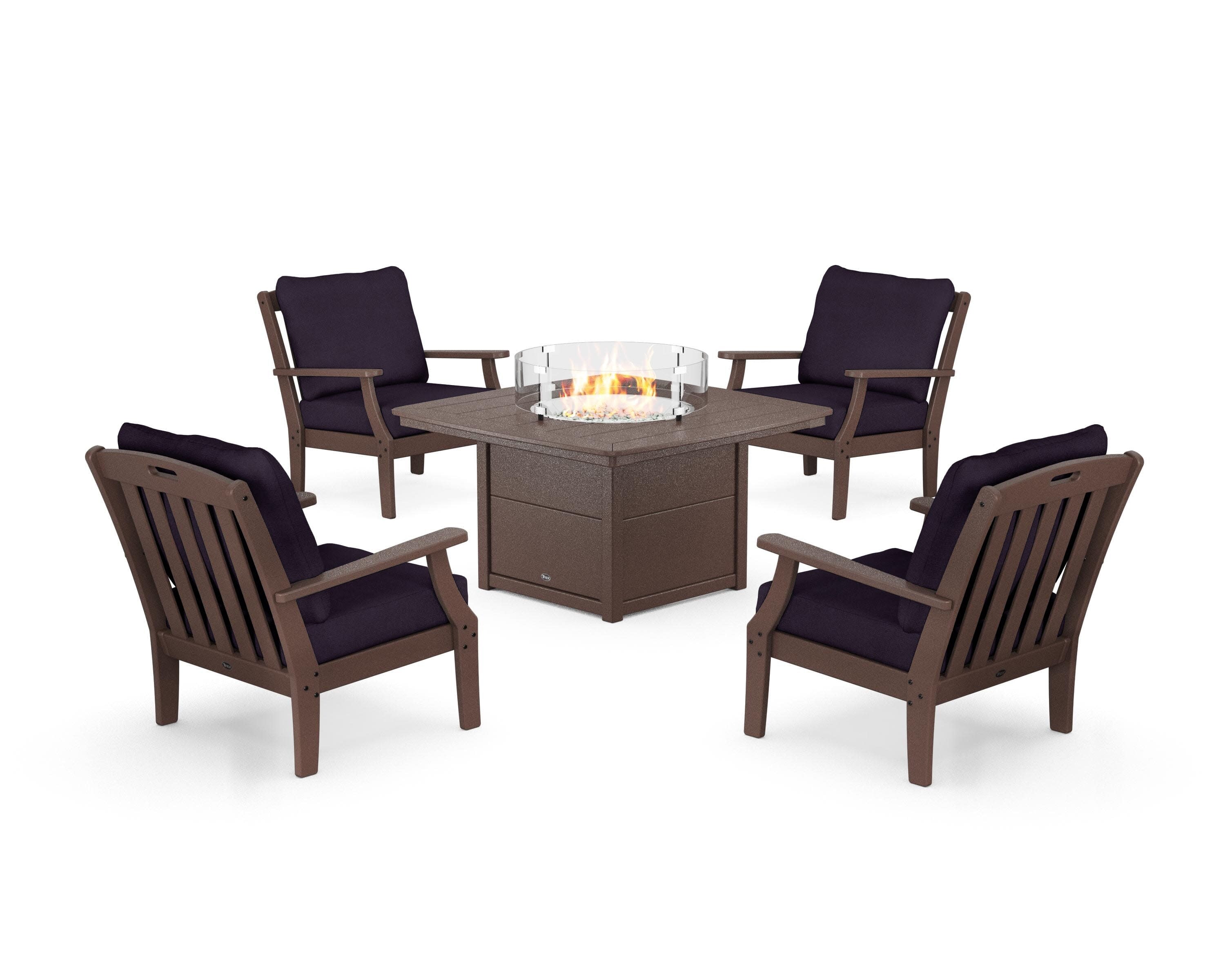 Yacht Club 5-Piece Deep Seating Set with Fire Pit Table in Vintage Lantern / Navy Linen