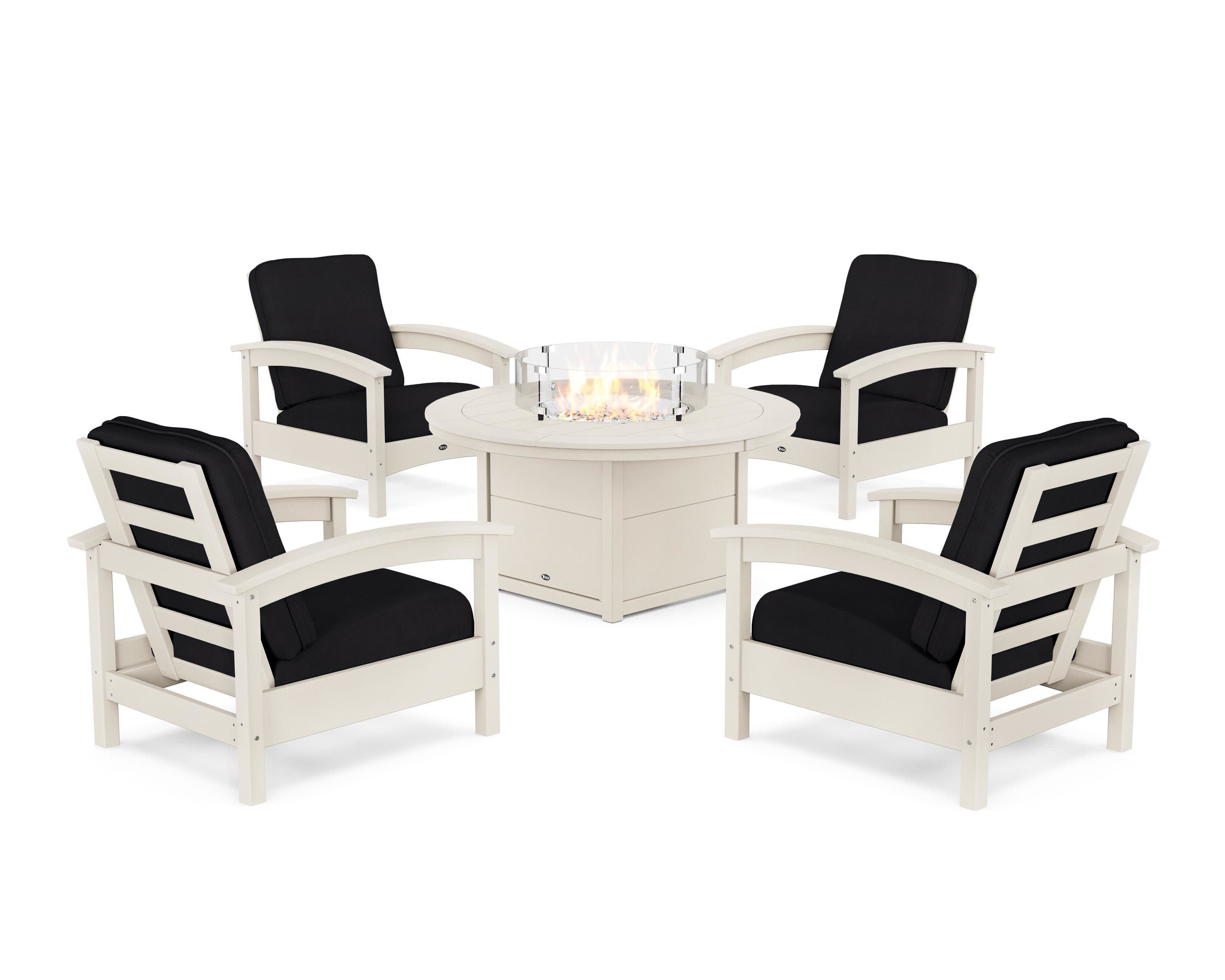 Rockport 5-Piece Deep Seating Set with Round Fire Pit Table in Sand Castle / Midnight Linen