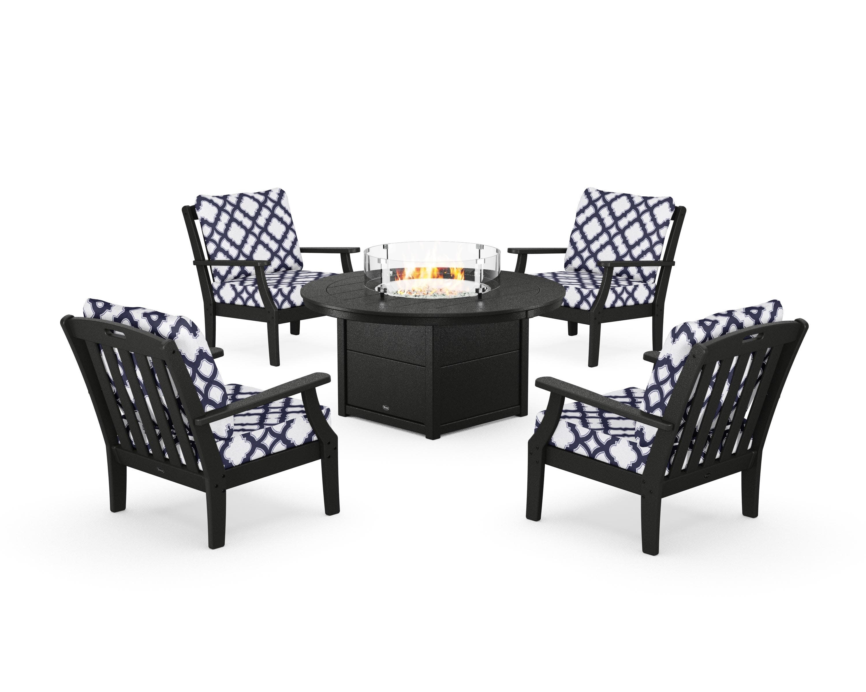 Yacht Club 5-Piece Deep Seating Set with Round Fire Pit Table in Charcoal Black / Trellis Navy