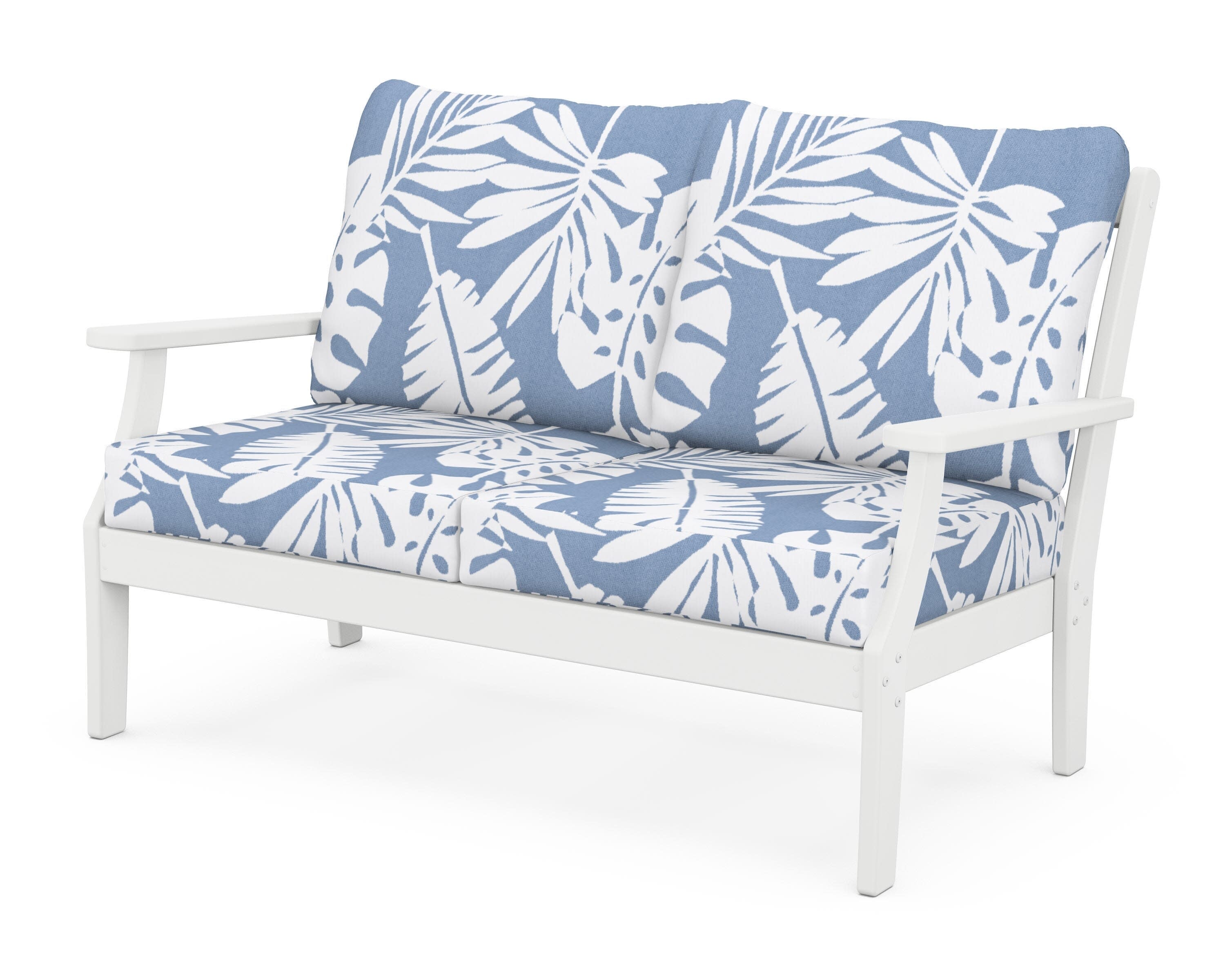 Yacht Club Deep Seating Loveseat in Classic White / Leaf Sky Blue
