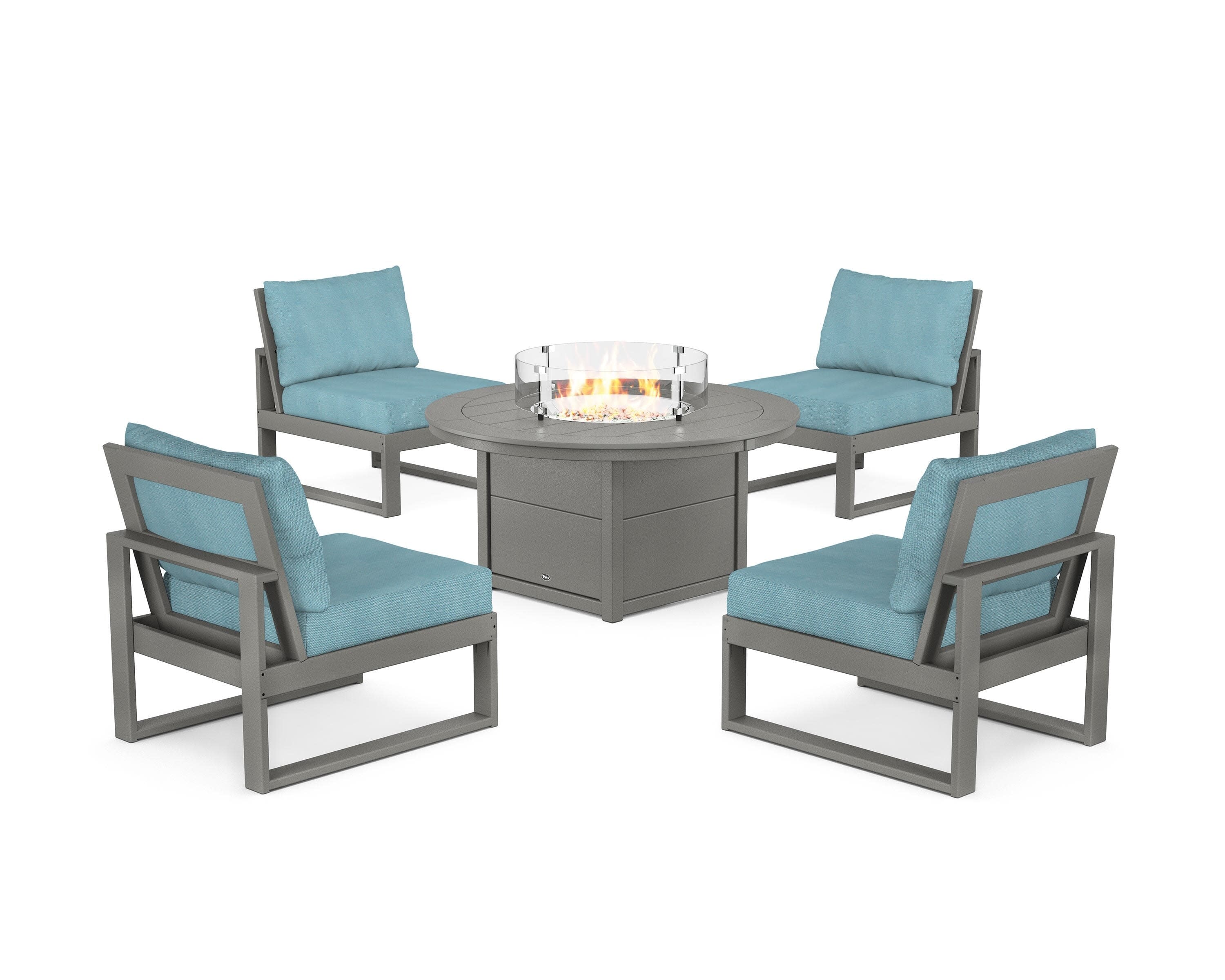Eastport Modular 5-Piece Deep Seating Set with Round Fire Pit Table in Stepping Stone / Lattice Sky Blue