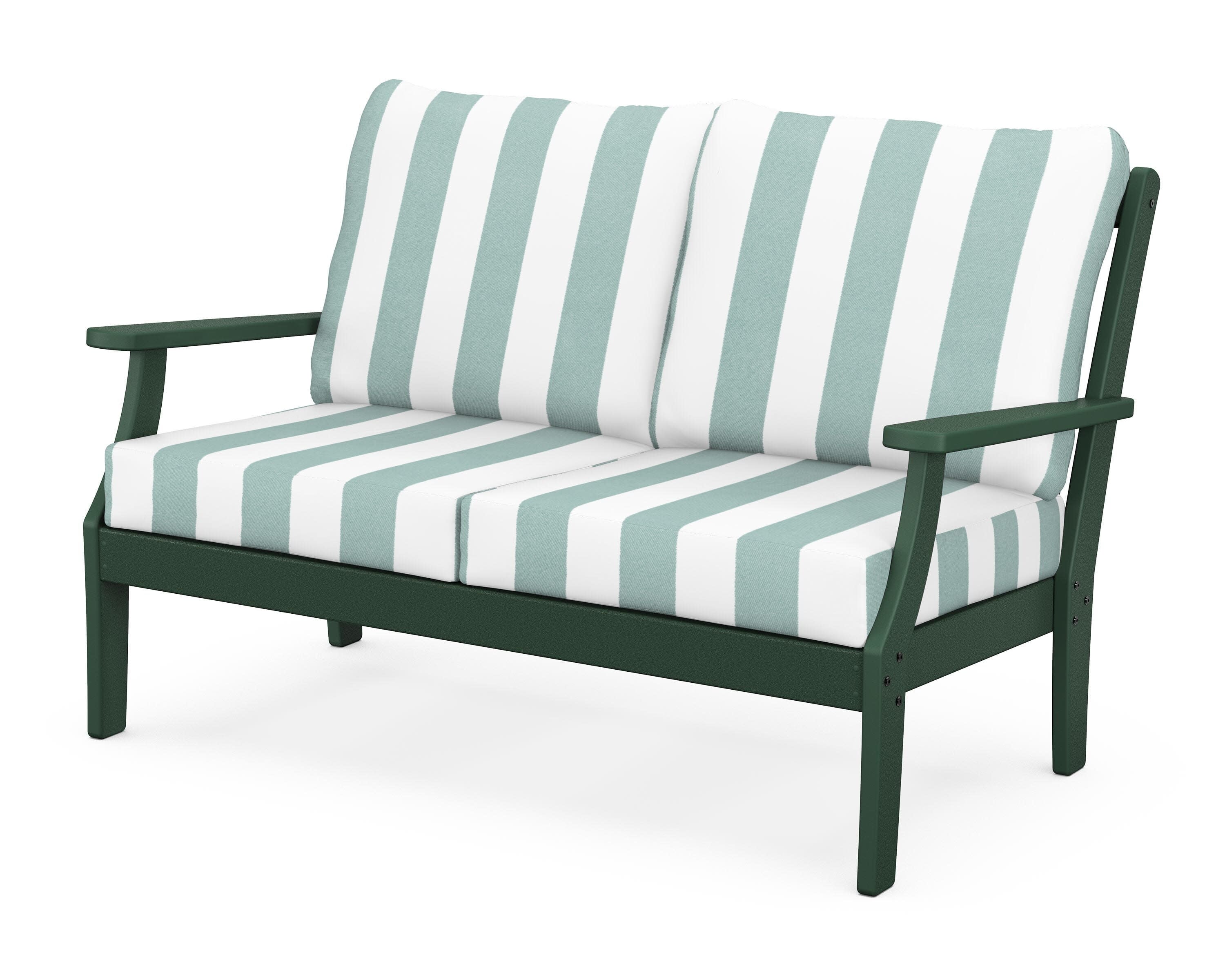 Yacht Club Deep Seating Loveseat in Rainforest Canopy / Cabana Stripe Glacier Spa