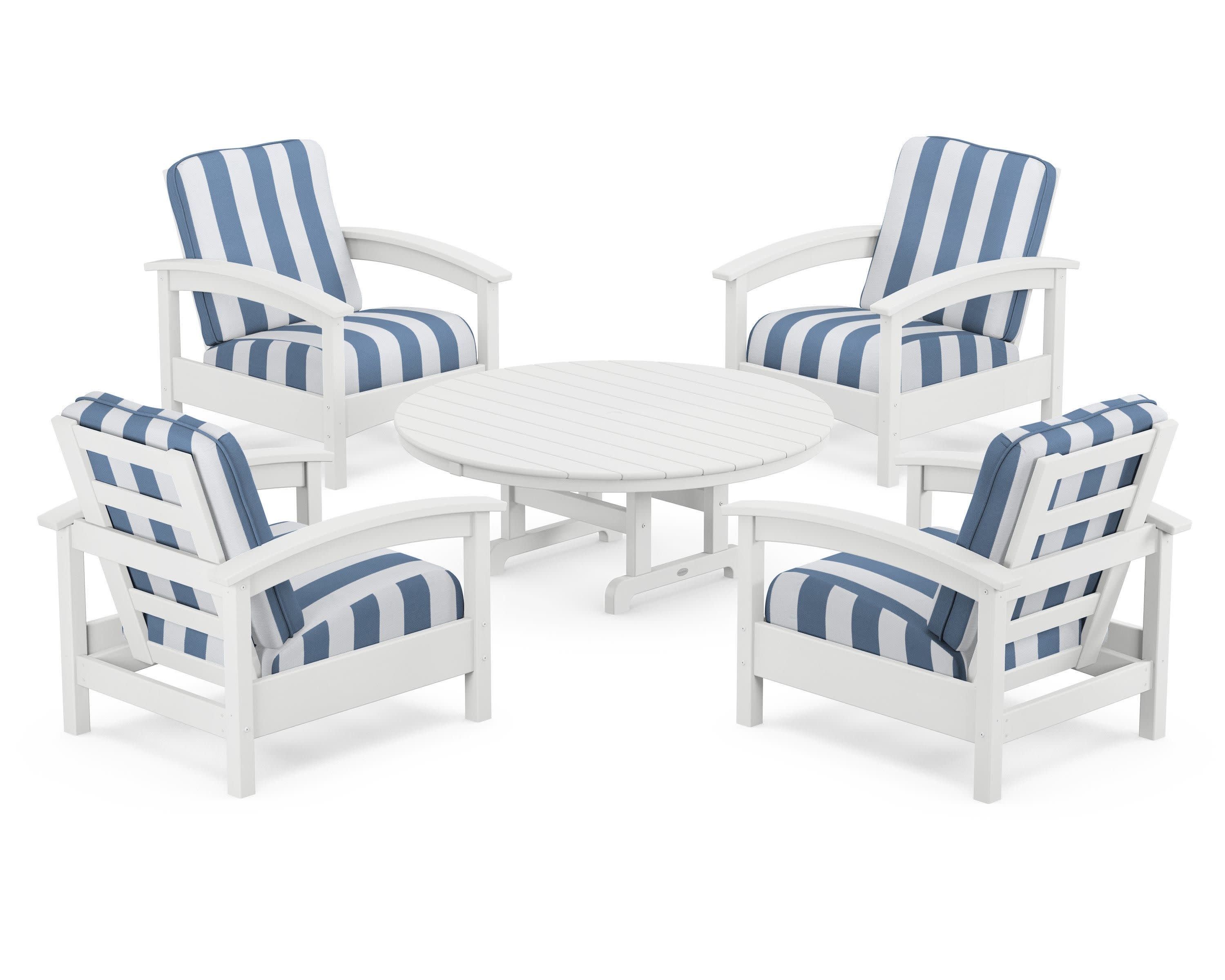 Rockport 5-Piece Deep Seating Set in Classic White / Cabana Stripe Sky Blue