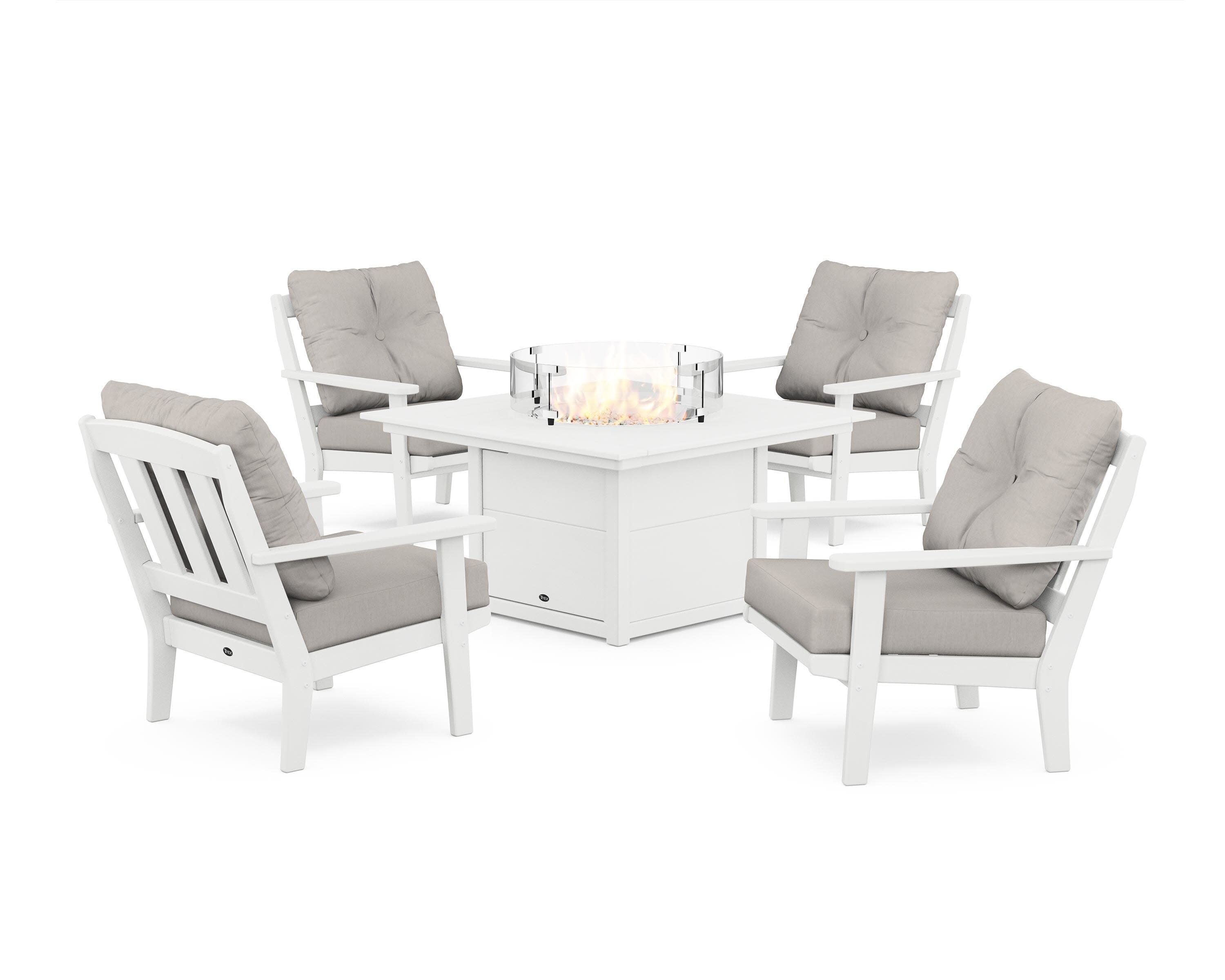 Cape Cod 5-Piece Deep Seating Set with Fire Pit Table in Classic White / Cast Ash