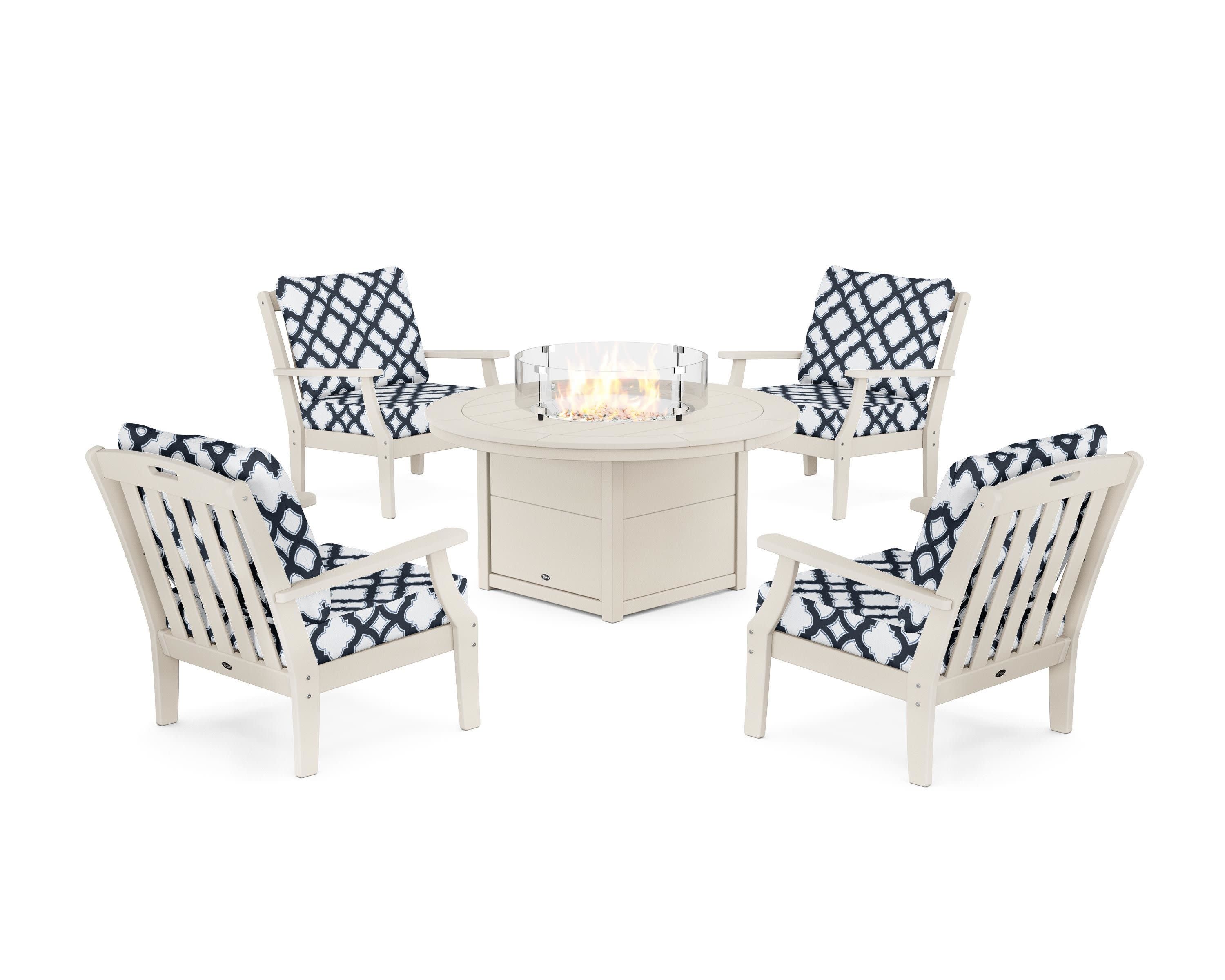 Yacht Club 5-Piece Deep Seating Set with Round Fire Pit Table in Sand Castle / Trellis Marine Indigo