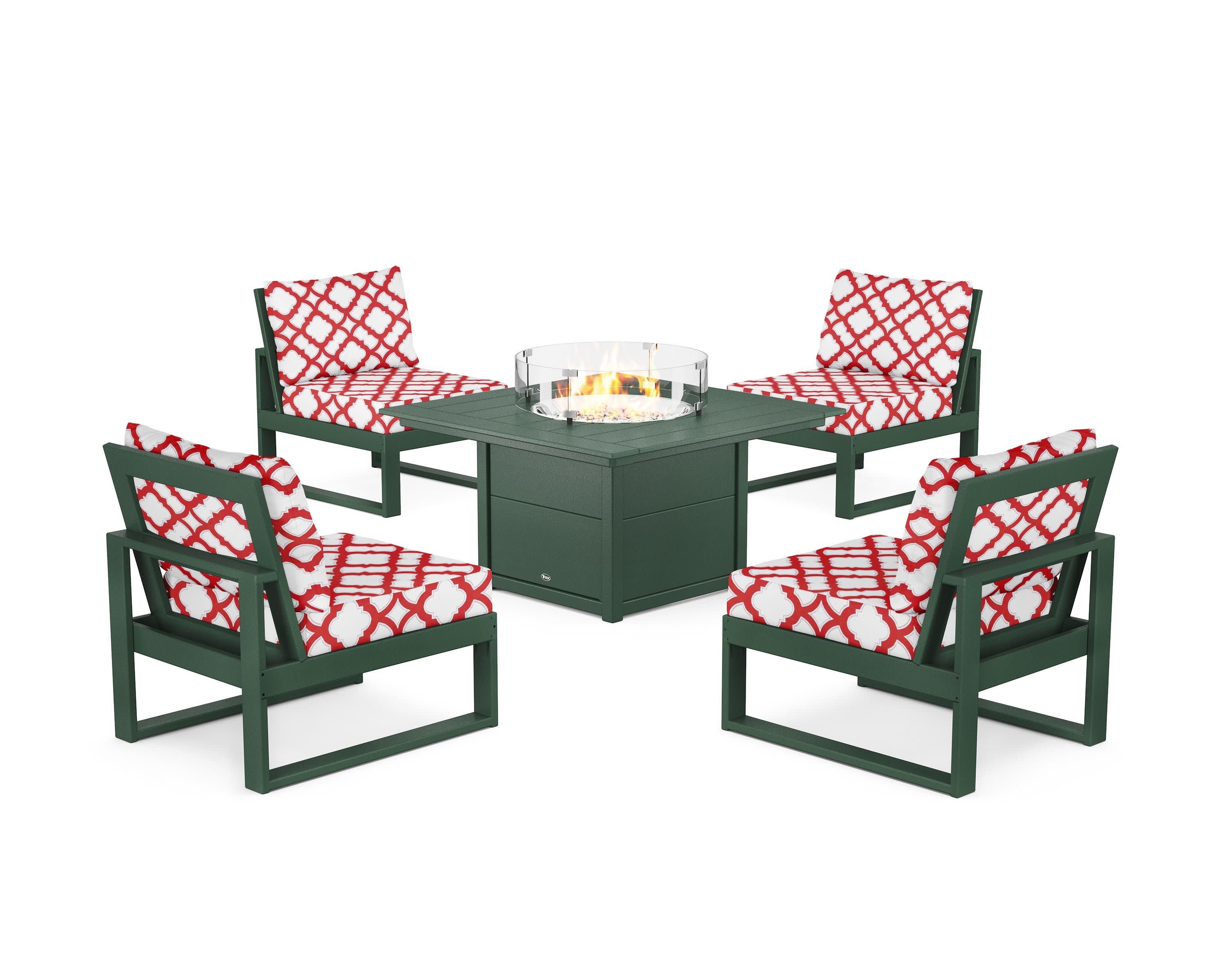 Eastport Modular 5-Piece Deep Seating Set with Square Fire Pit Table in Rainforest Canopy / Trellis Crimson